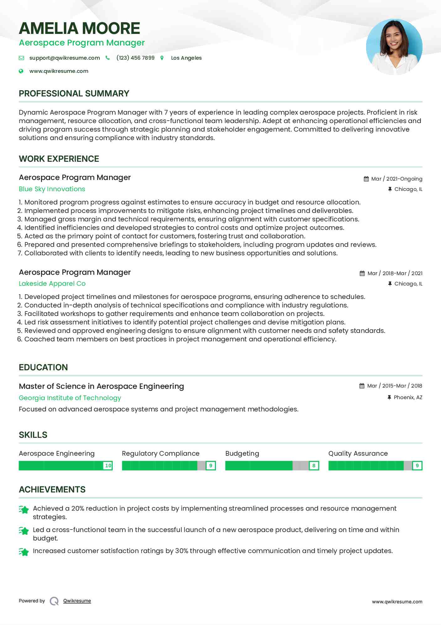 Aerospace Program Manager Resume Sample