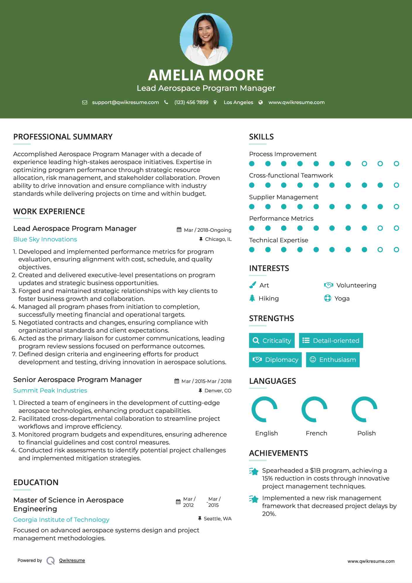 Lead Aerospace Program Manager Resume Template