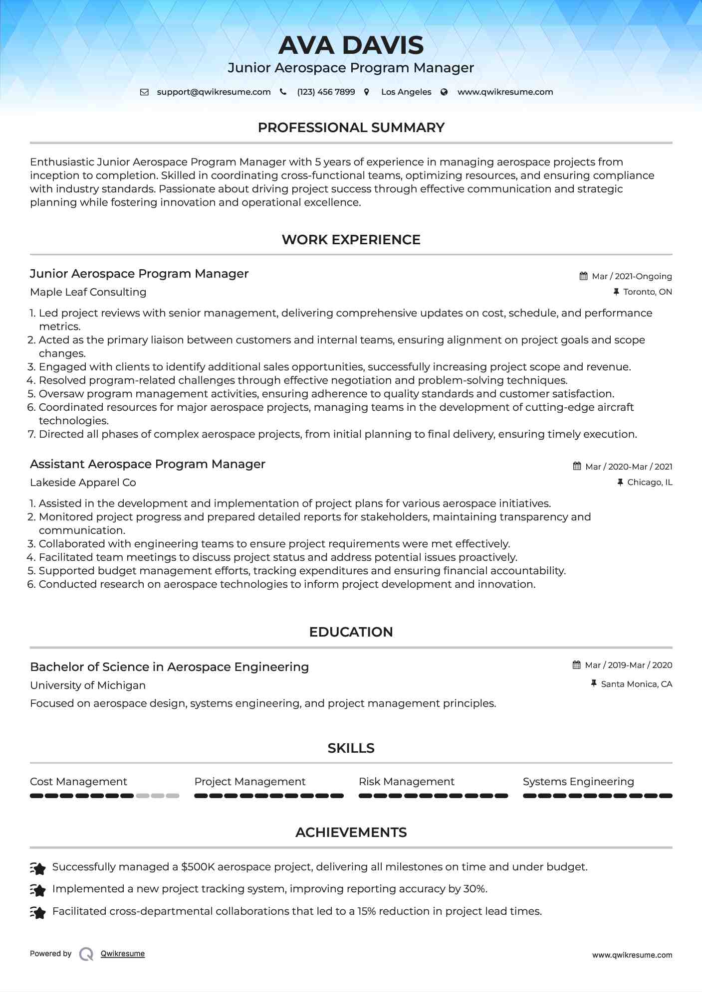 Junior Aerospace Program Manager Resume Sample