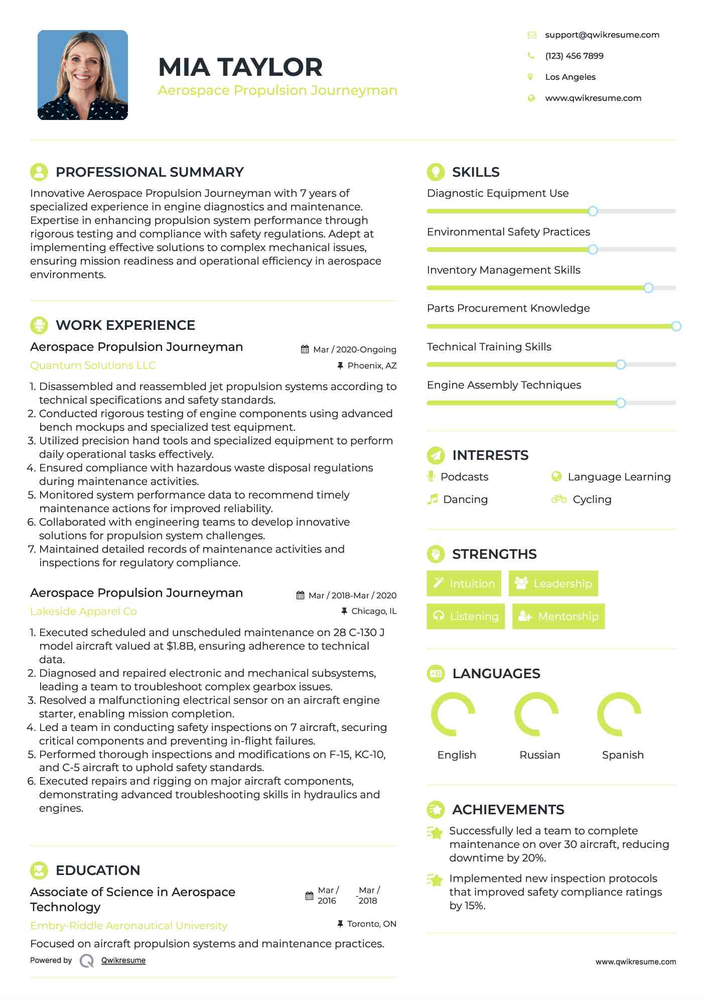 Aerospace Propulsion Journeyman Resume Model