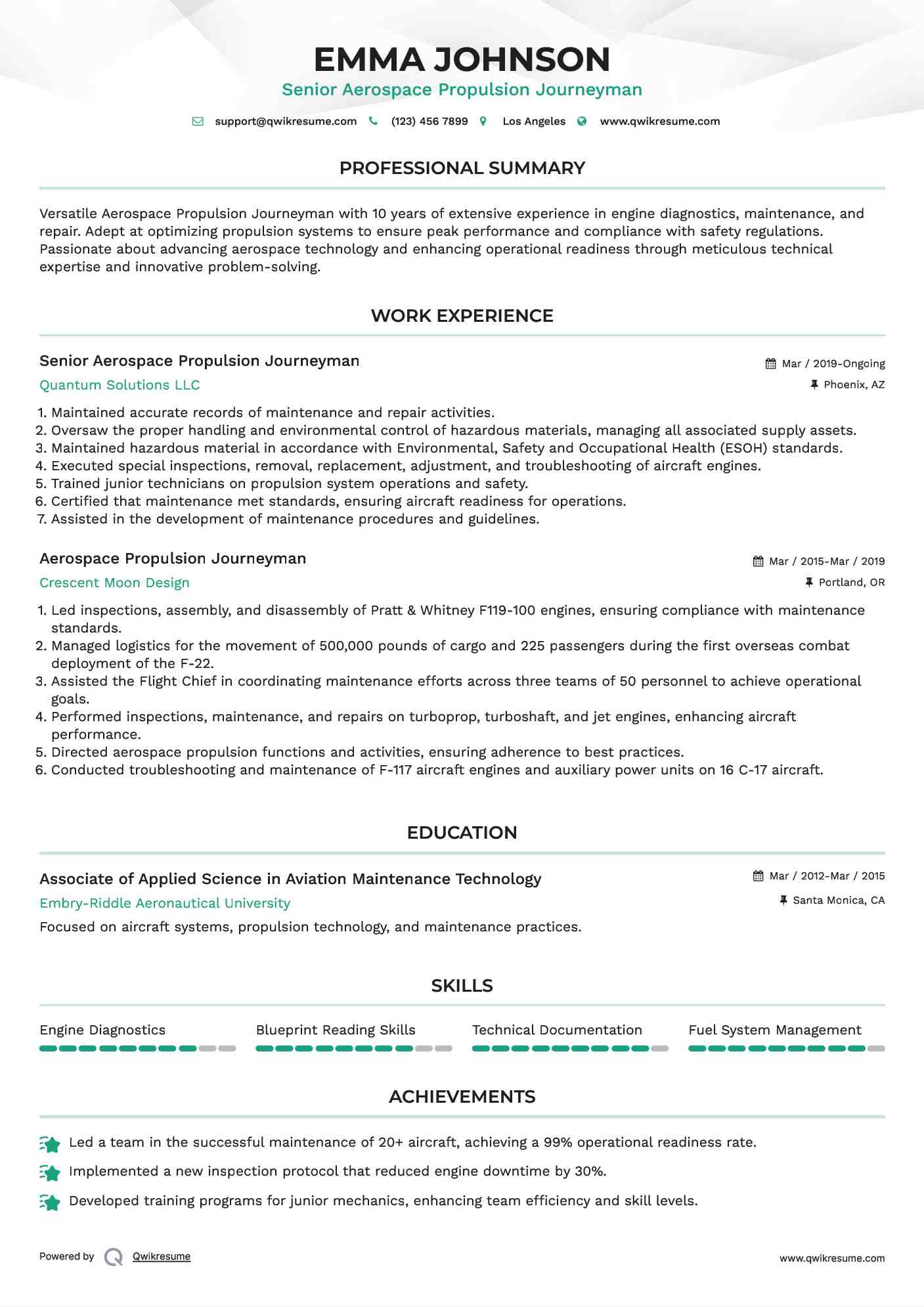Senior Aerospace Propulsion Journeyman Resume Model