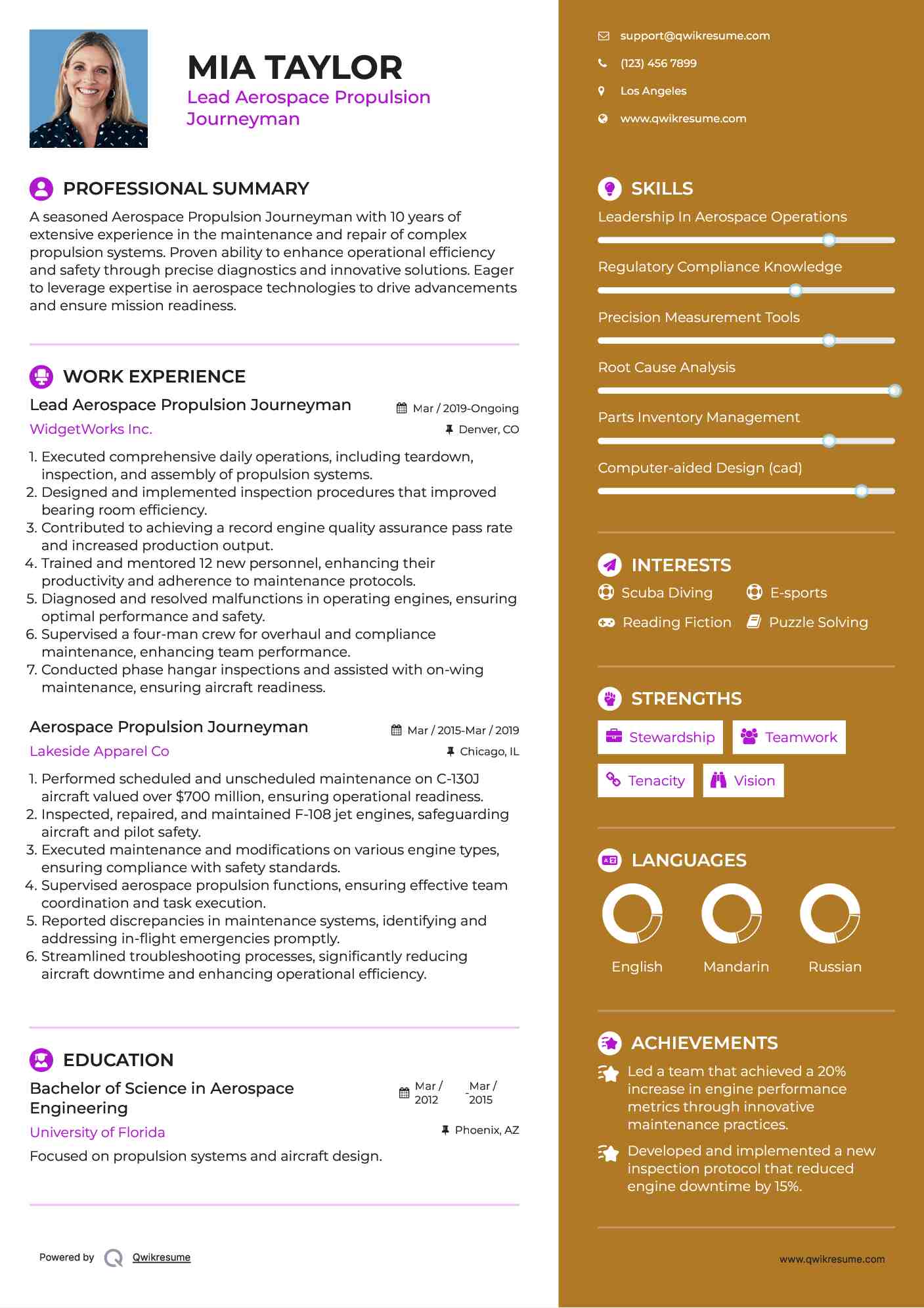 Lead Aerospace Propulsion Journeyman Resume Example