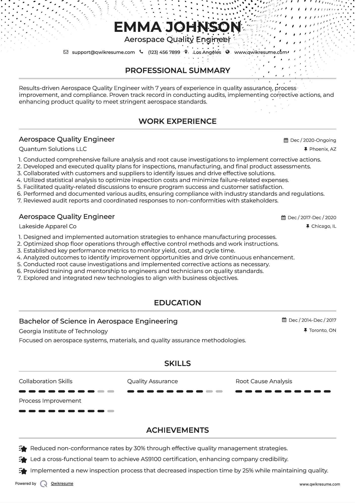 Aerospace Quality Engineer Resume Example