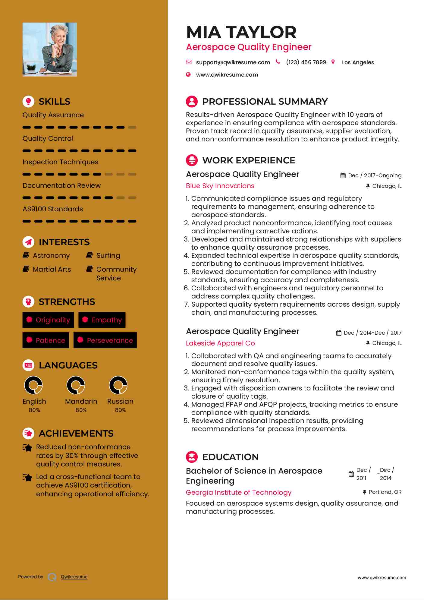 Aerospace Quality Engineer Resume Samples QwikResume