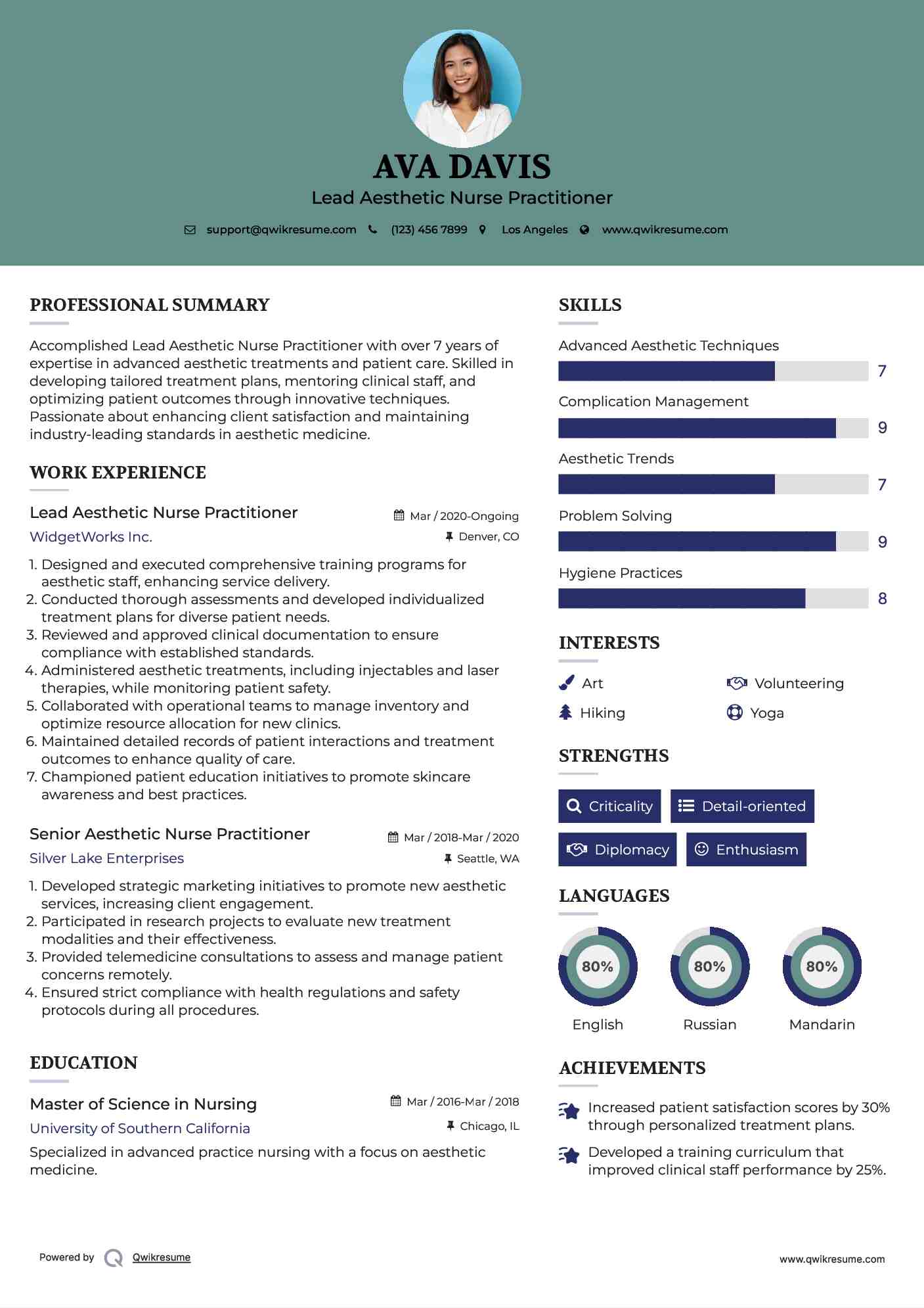 Lead Aesthetic Nurse Practitioner Resume Example