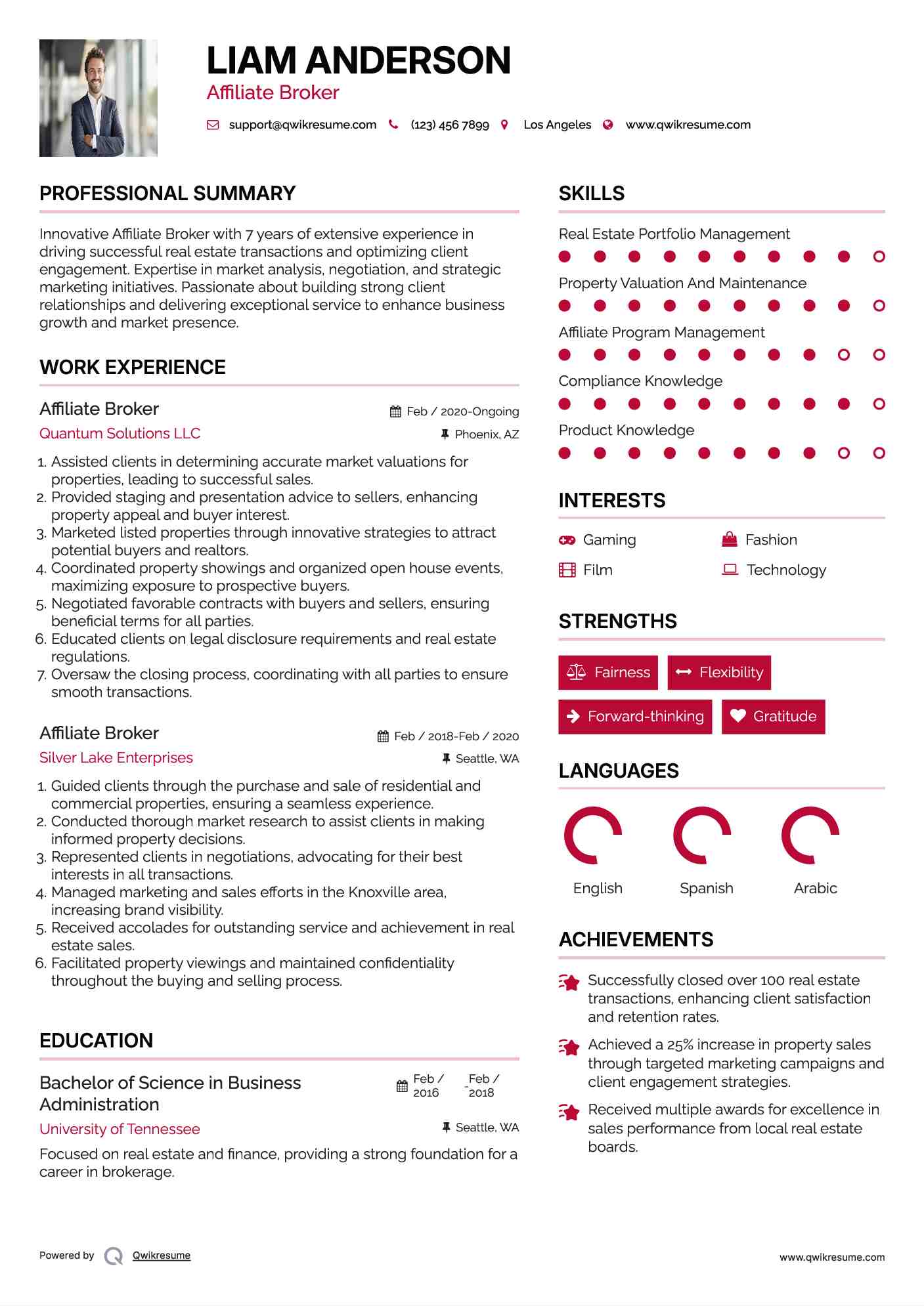 Affiliate Broker Resume Sample