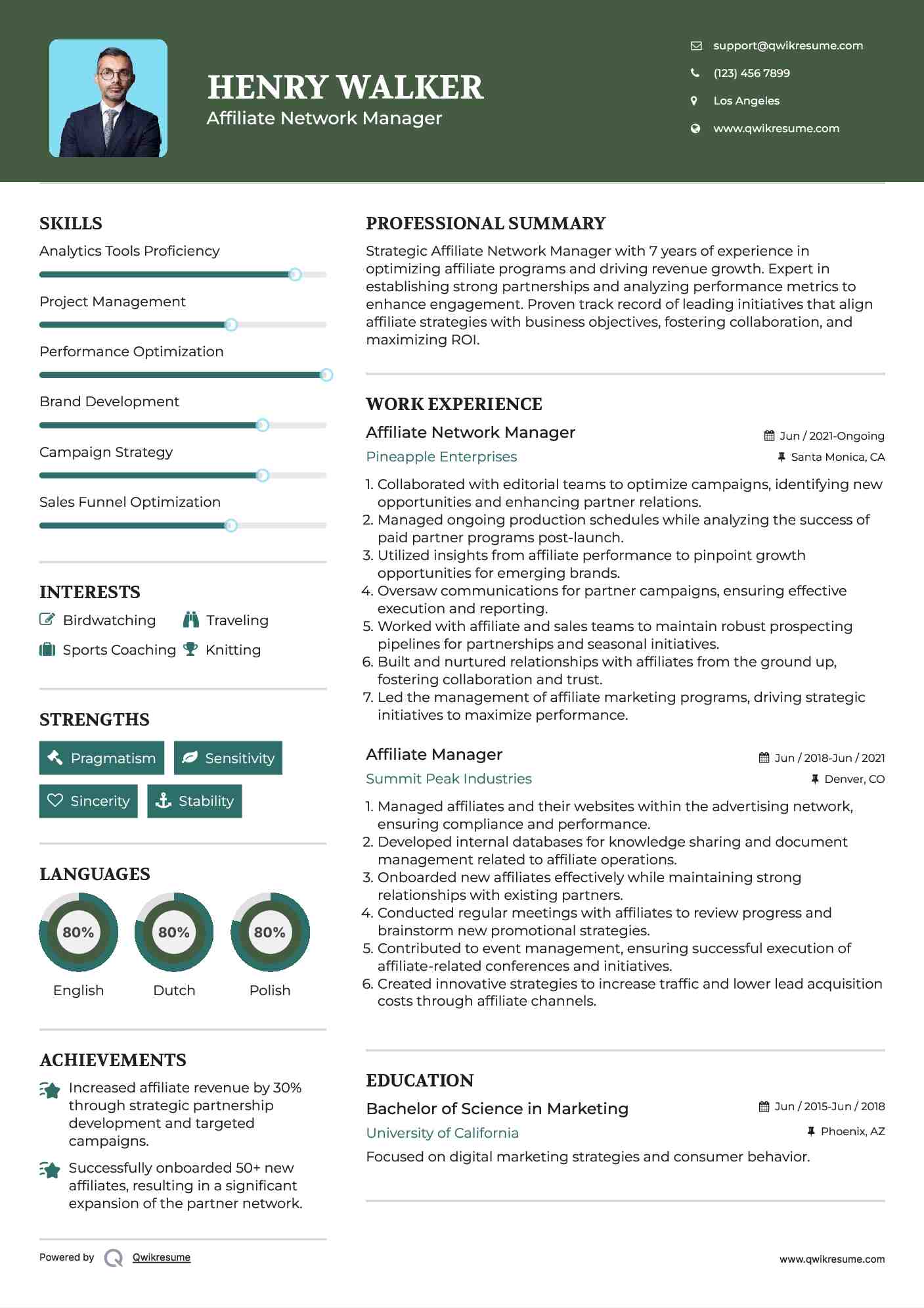 Affiliate Network Manager Resume Example