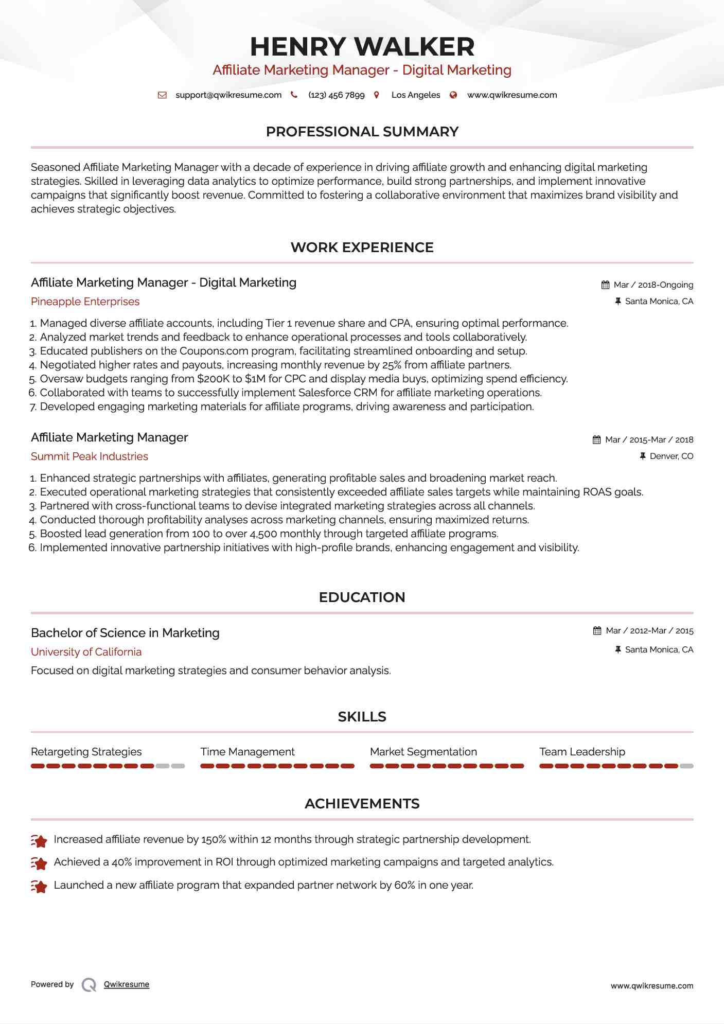 Affiliate Marketing Manager - Digital Marketing Resume Template