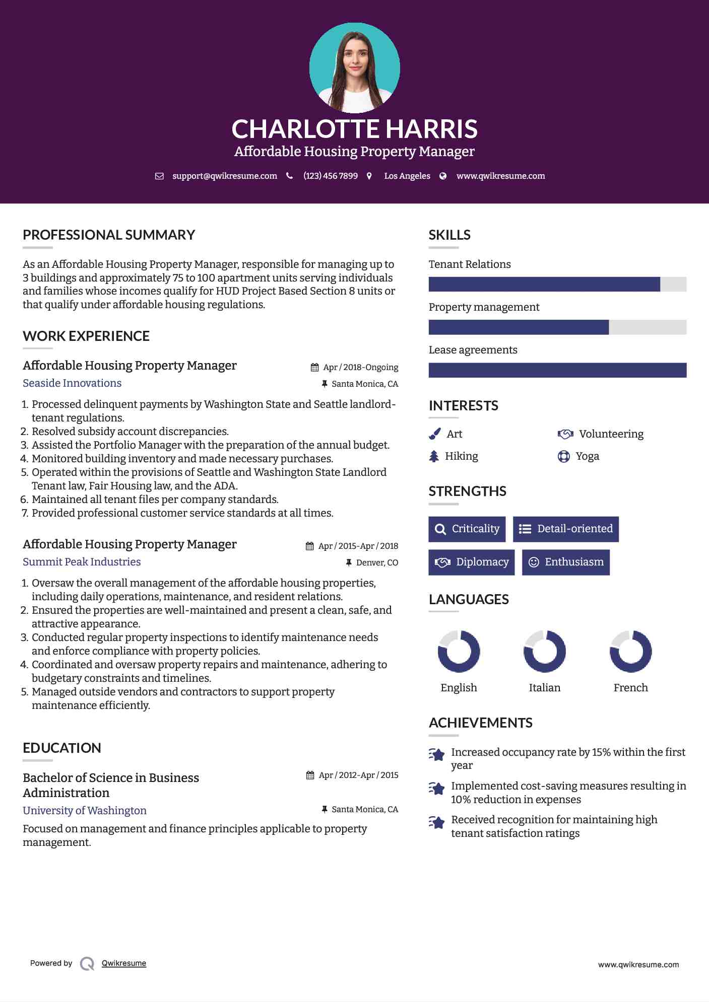 Affordable Housing Property Manager Resume Sample