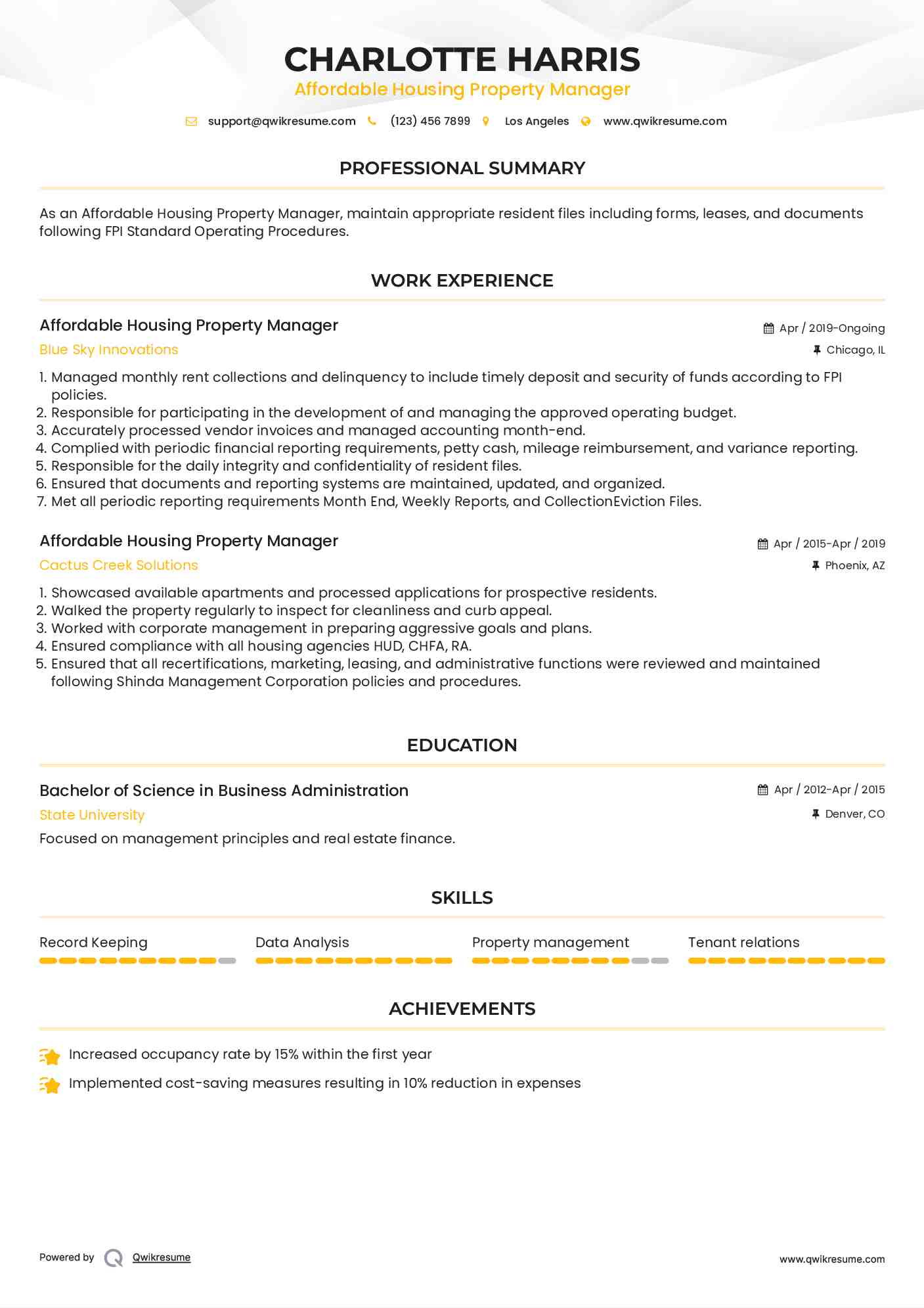 Affordable Housing Property Manager Resume Example