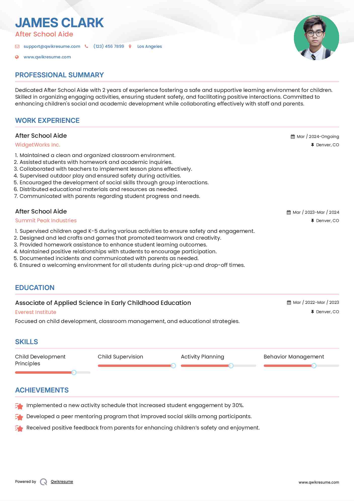 After School Aide Resume Model