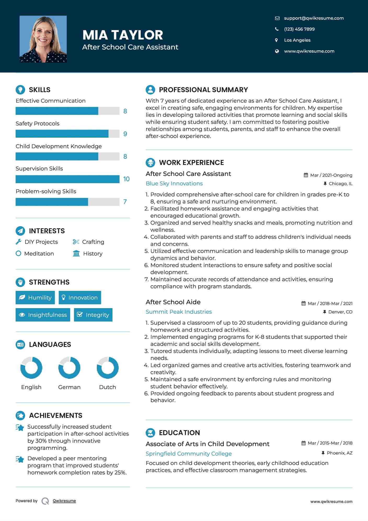 After School Care Assistant Resume Template