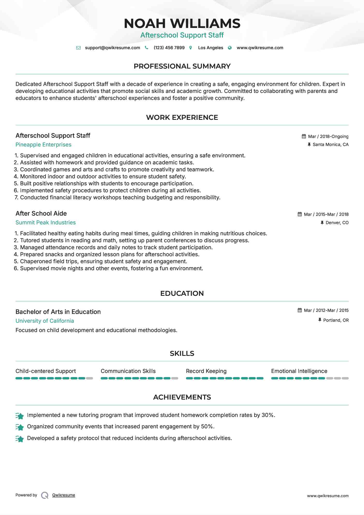 Afterschool Support Staff Resume Model