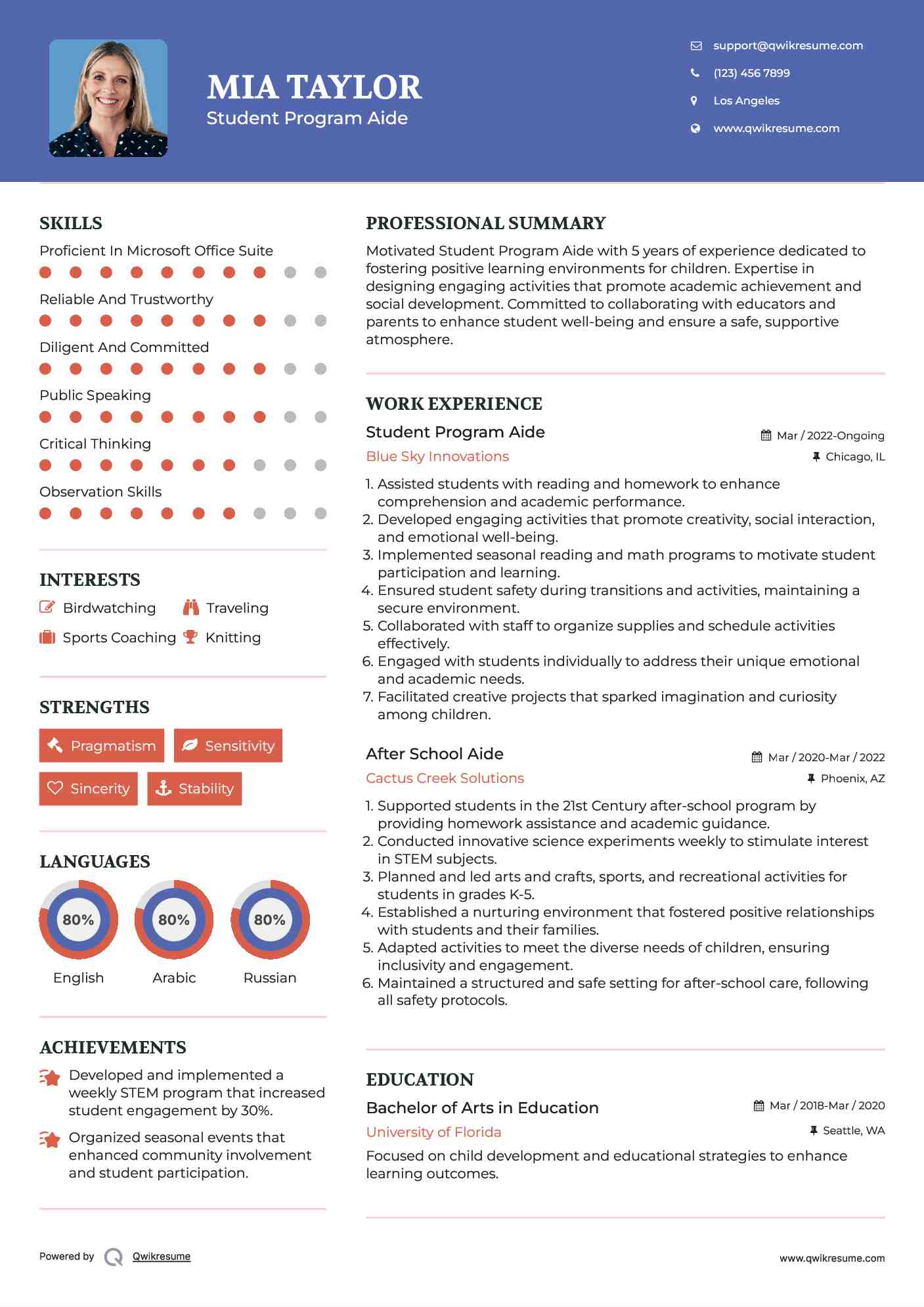 Student Program Aide Resume Example