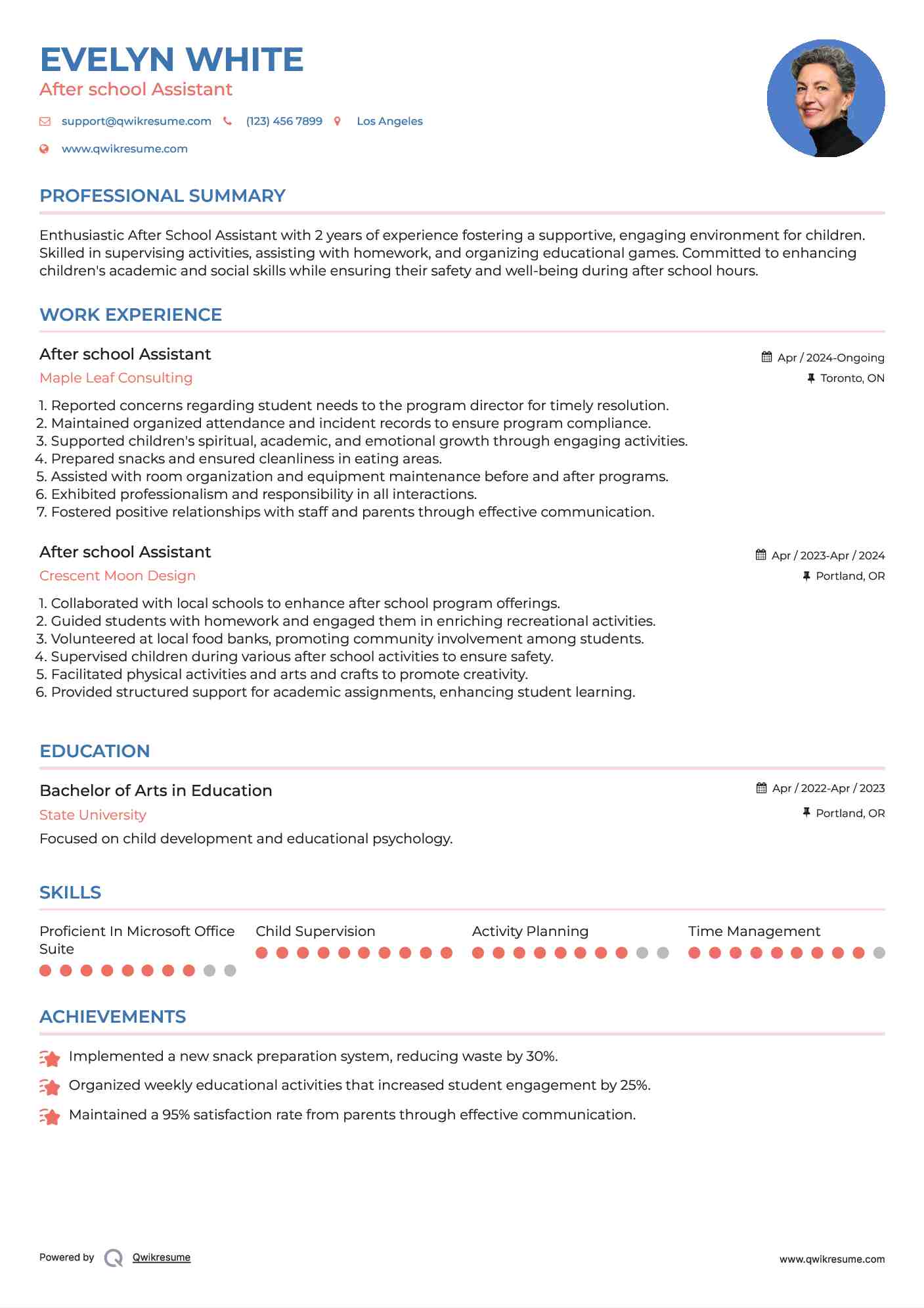 After school Assistant Resume Format