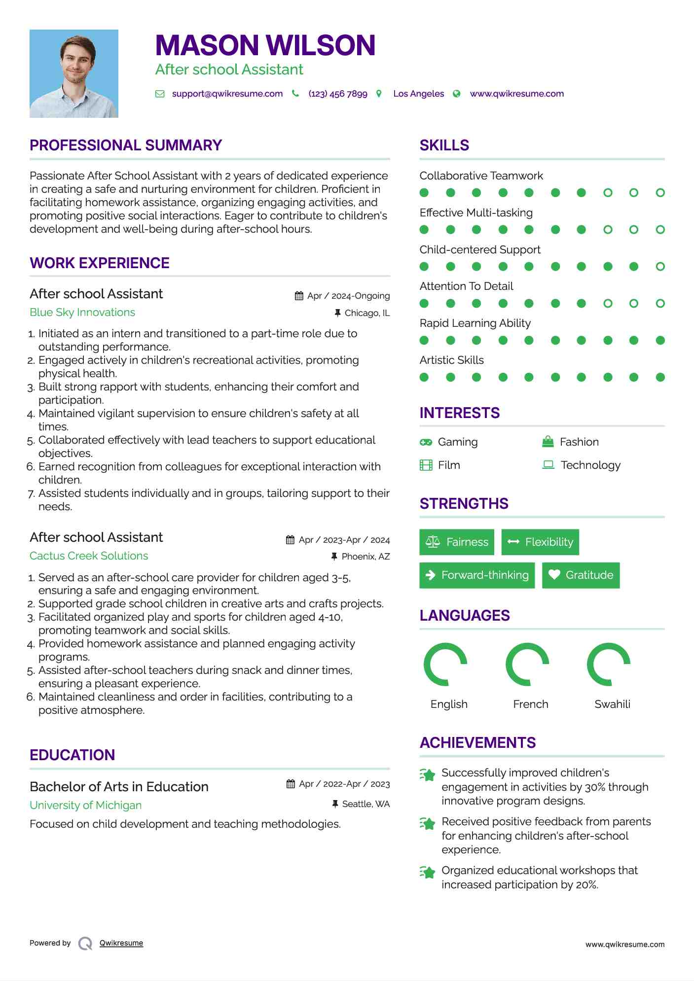 After school Assistant Resume Sample