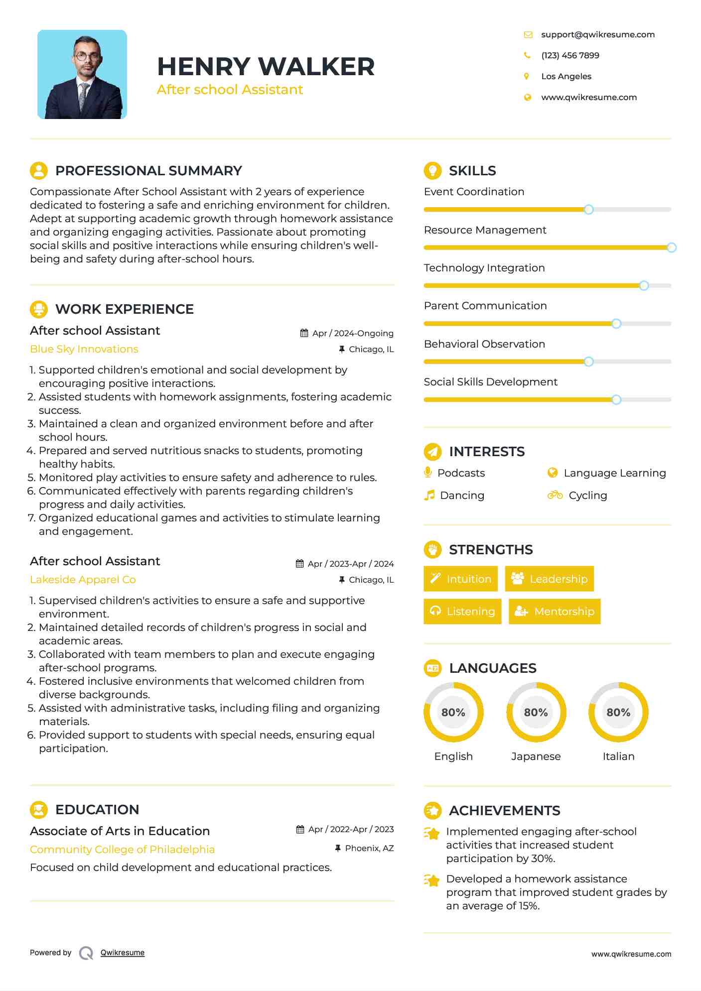After school Assistant Resume Template