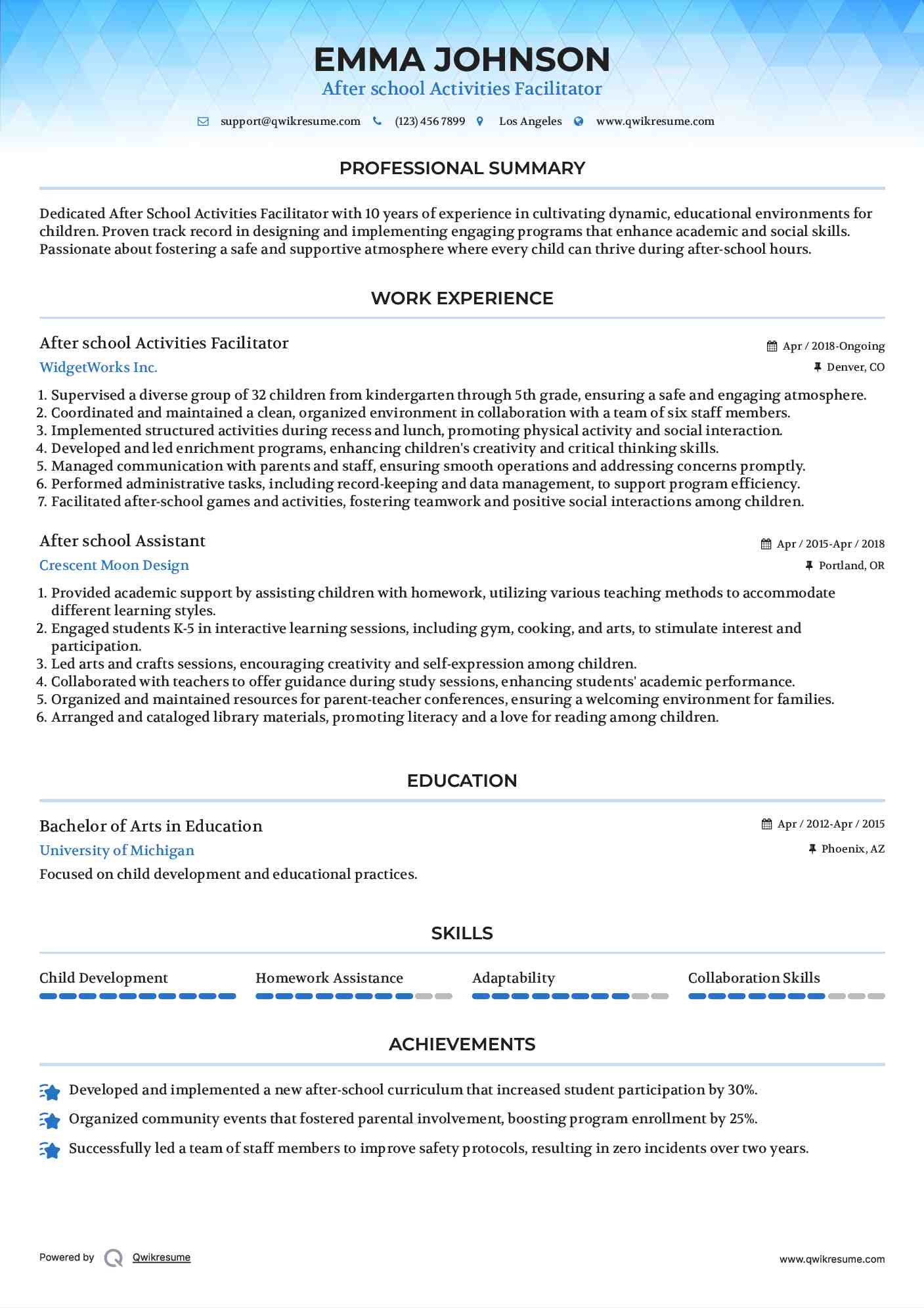 After school Activities Facilitator Resume Format