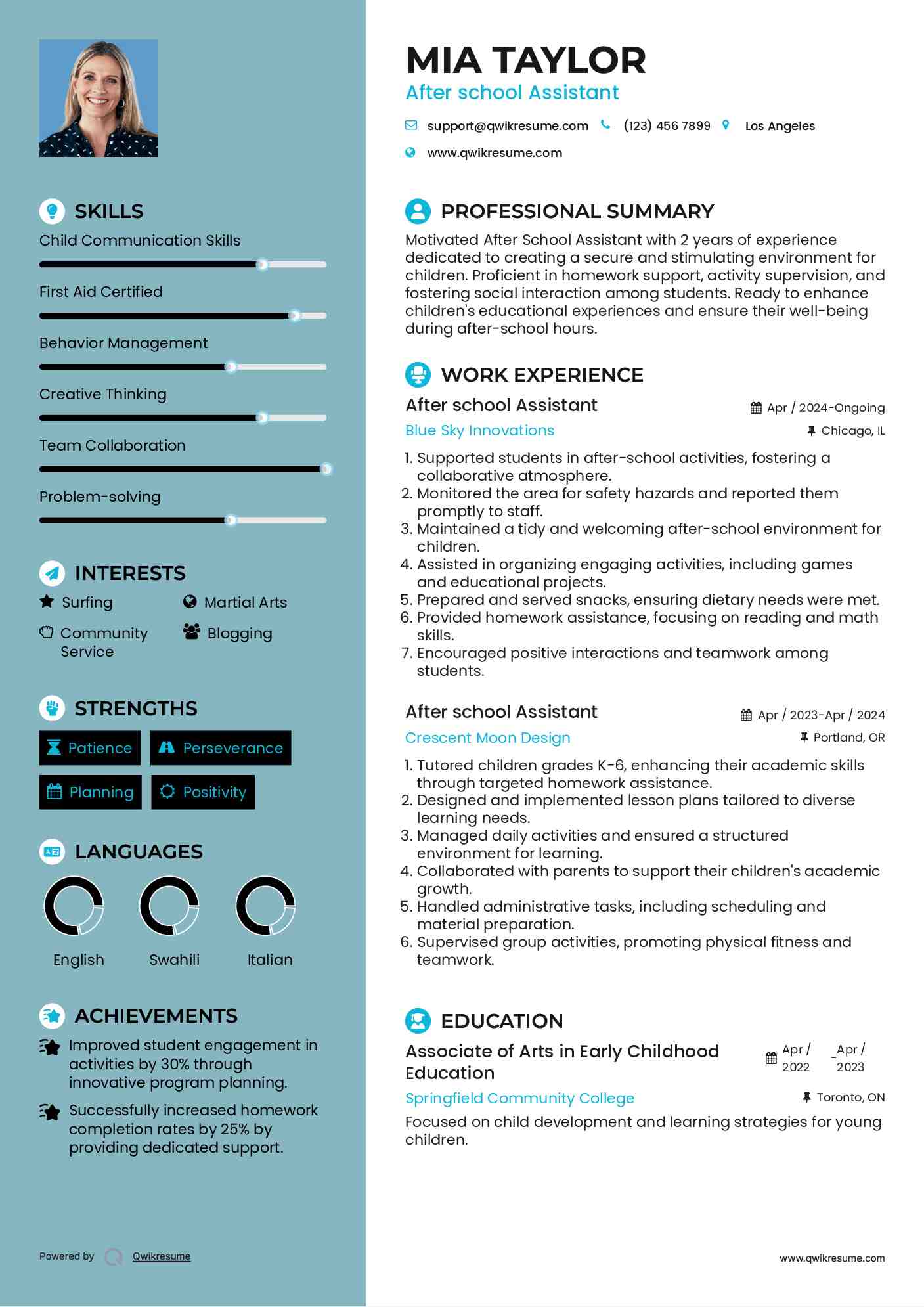 After school Assistant Resume Model