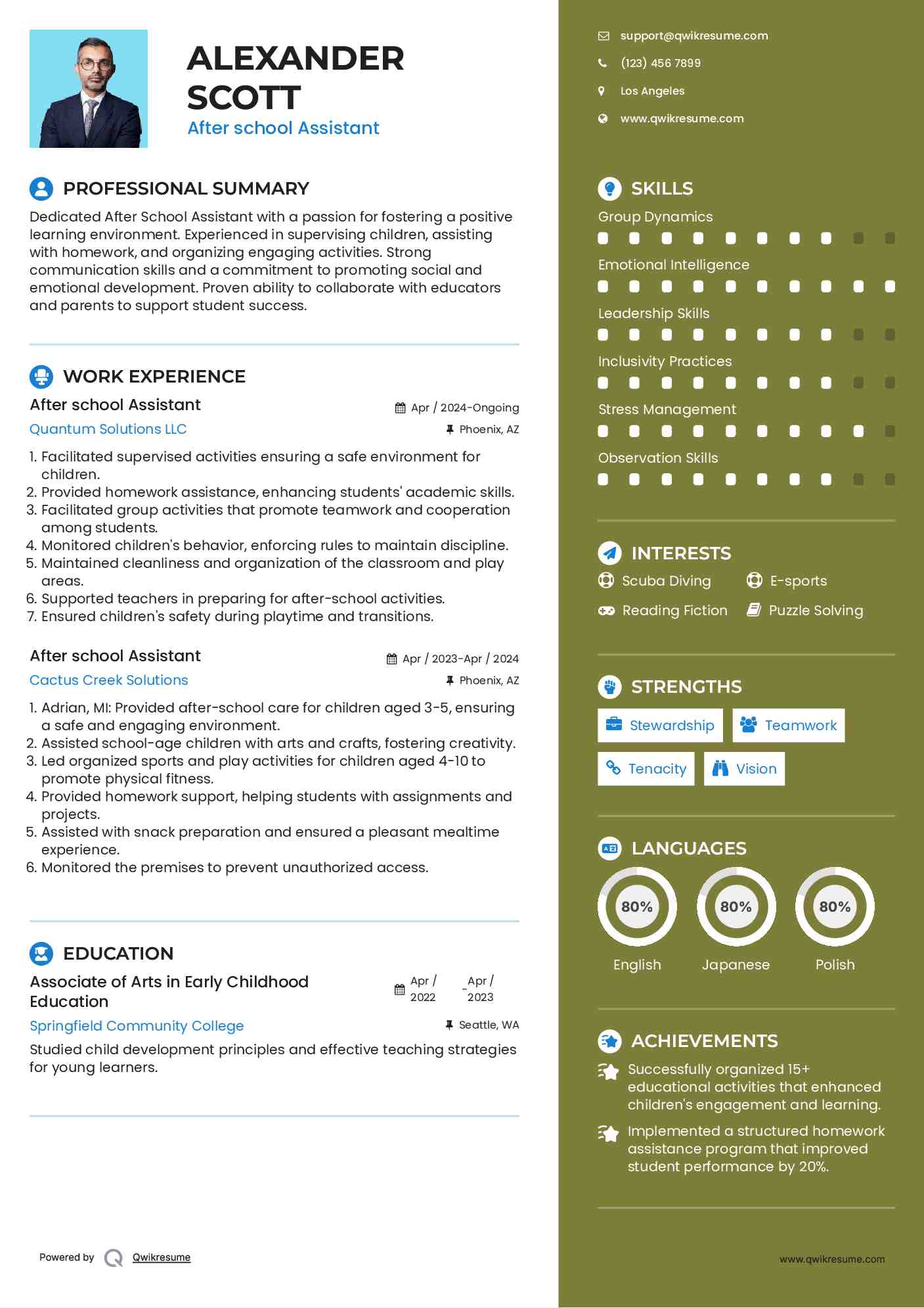 After school Assistant Resume Format