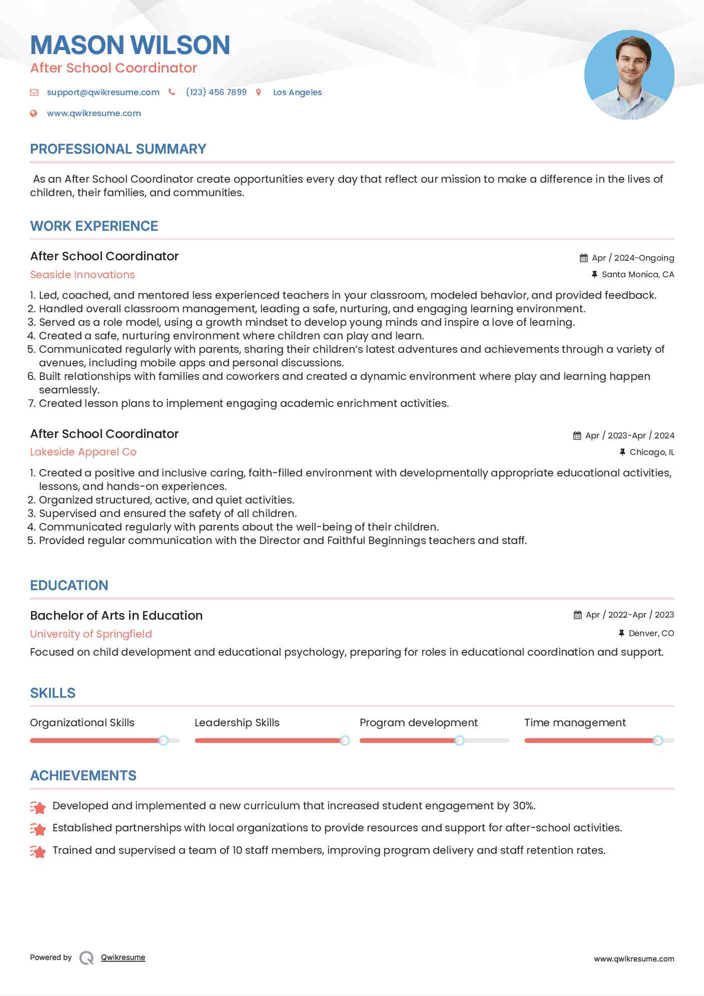 After School Coordinator  Resume Format