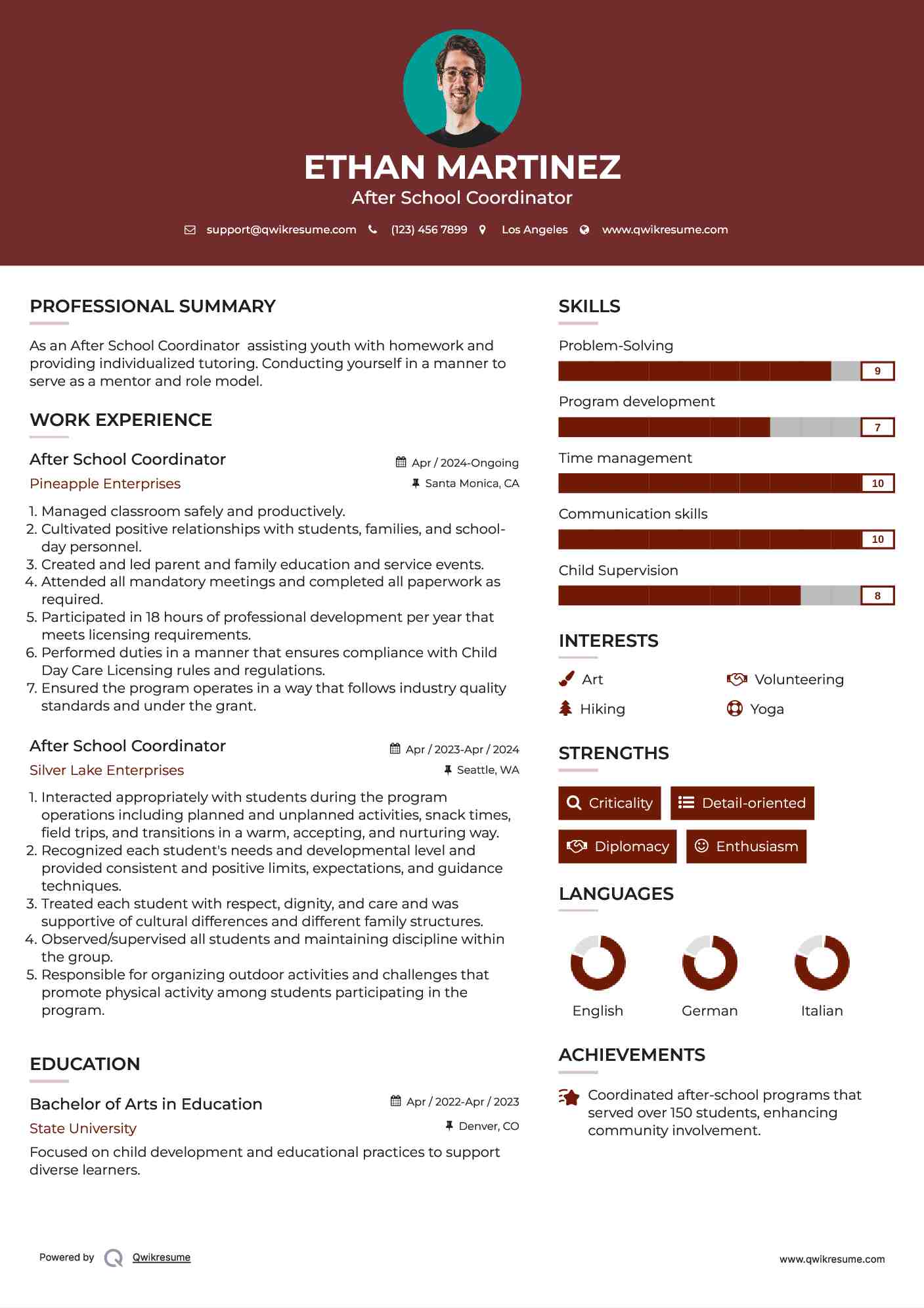 After School Coordinator  Resume Example