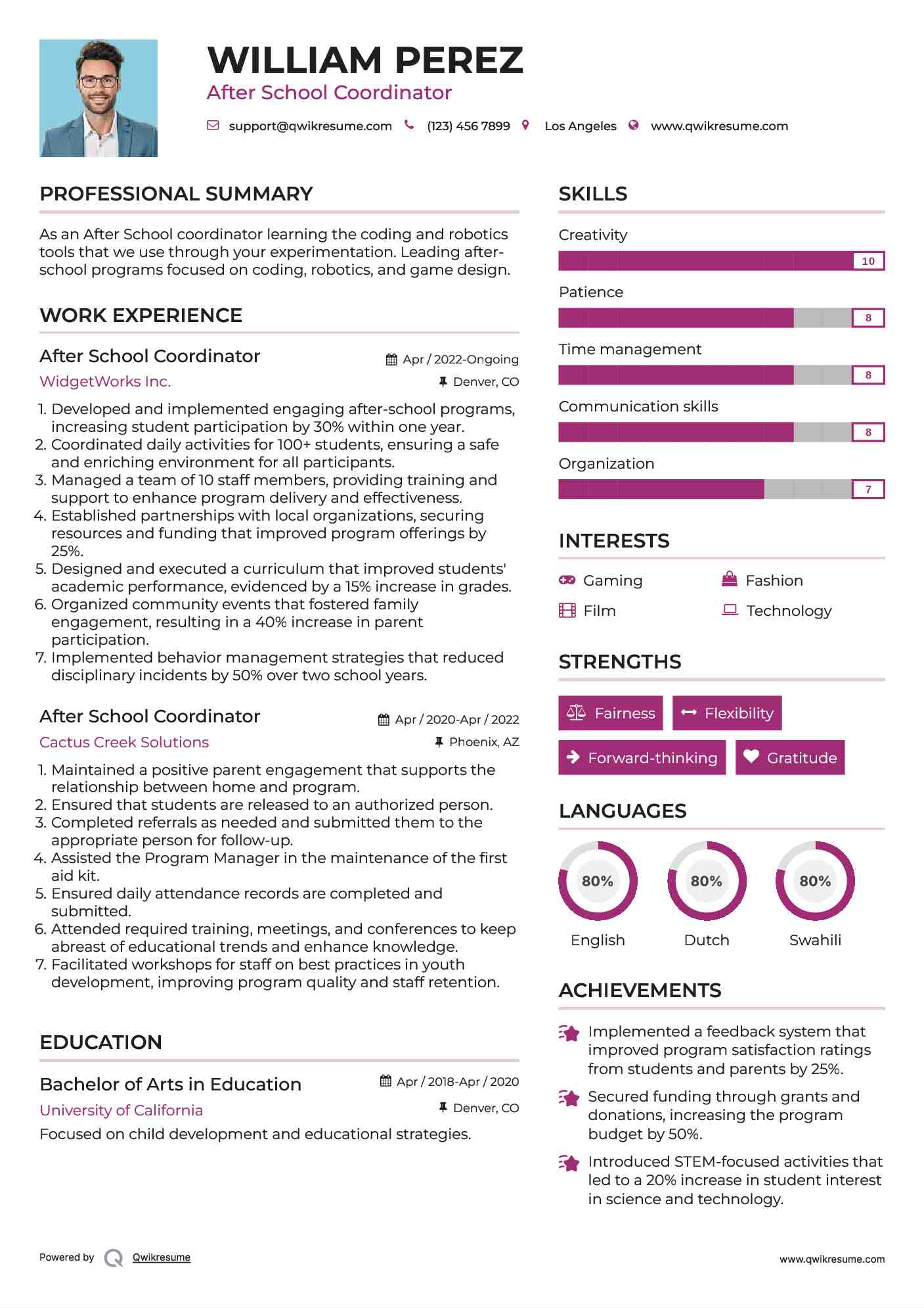 After School Coordinator  Resume Example