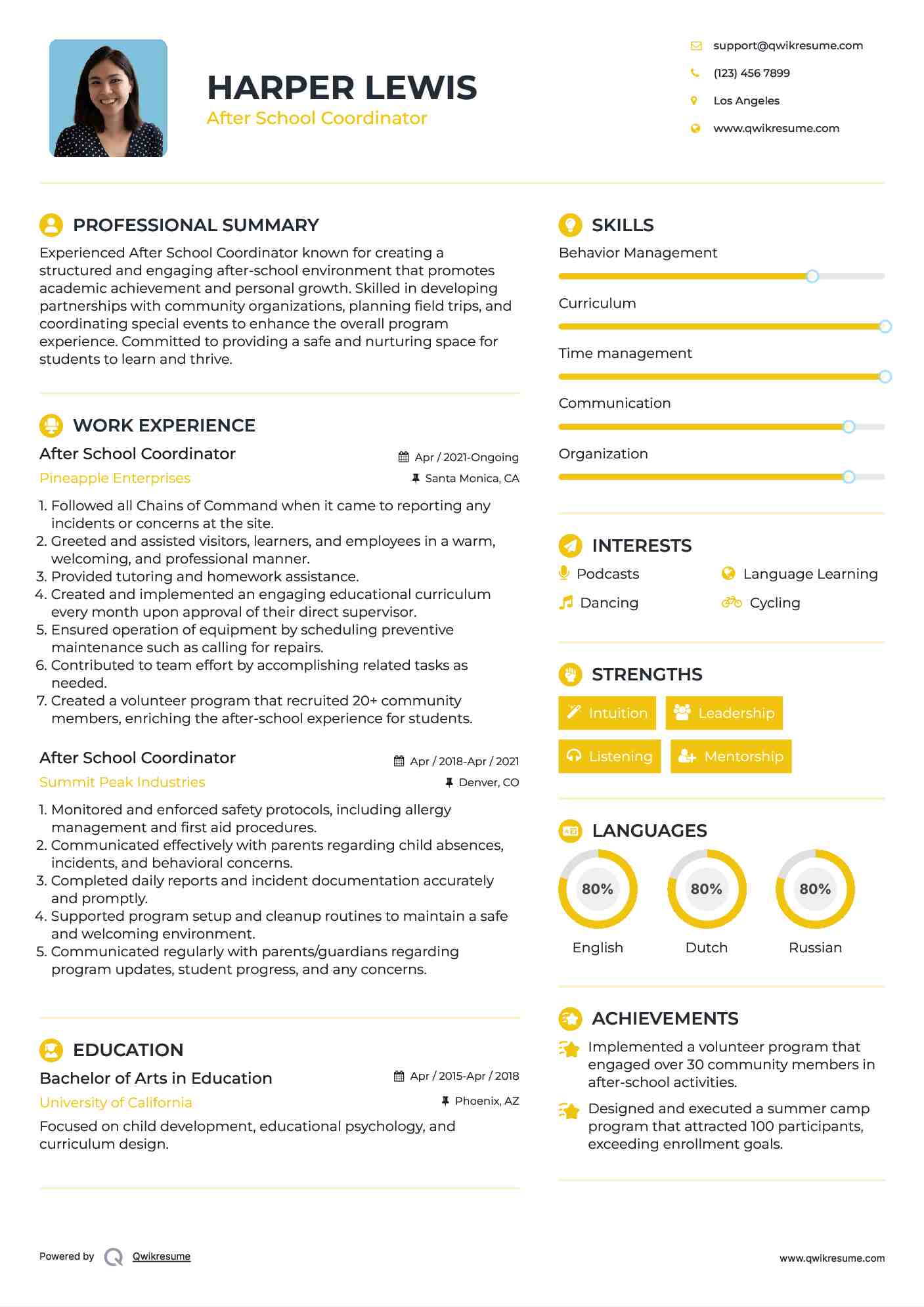 After School Coordinator  Resume Template