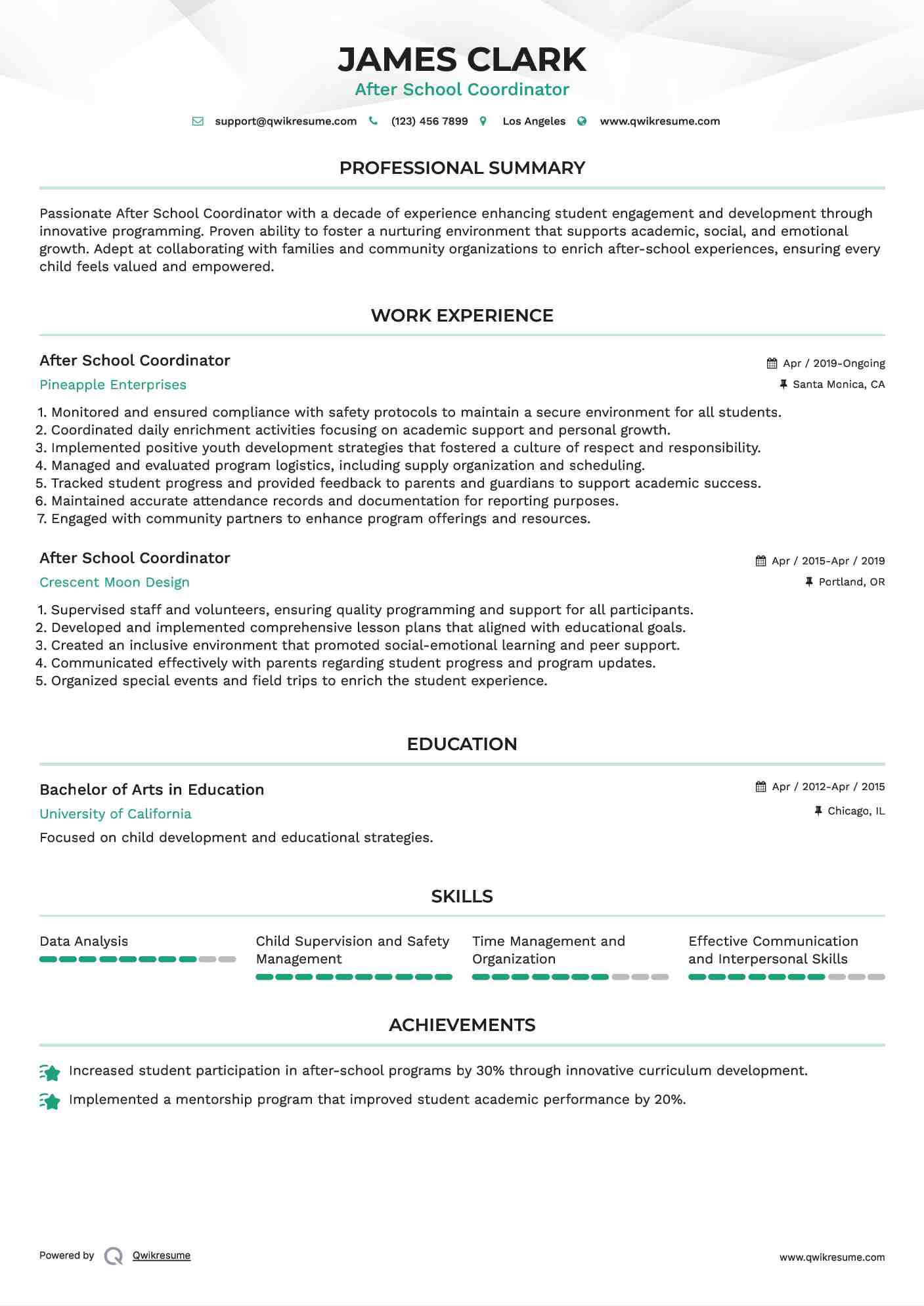 After School Coordinator  Resume Format