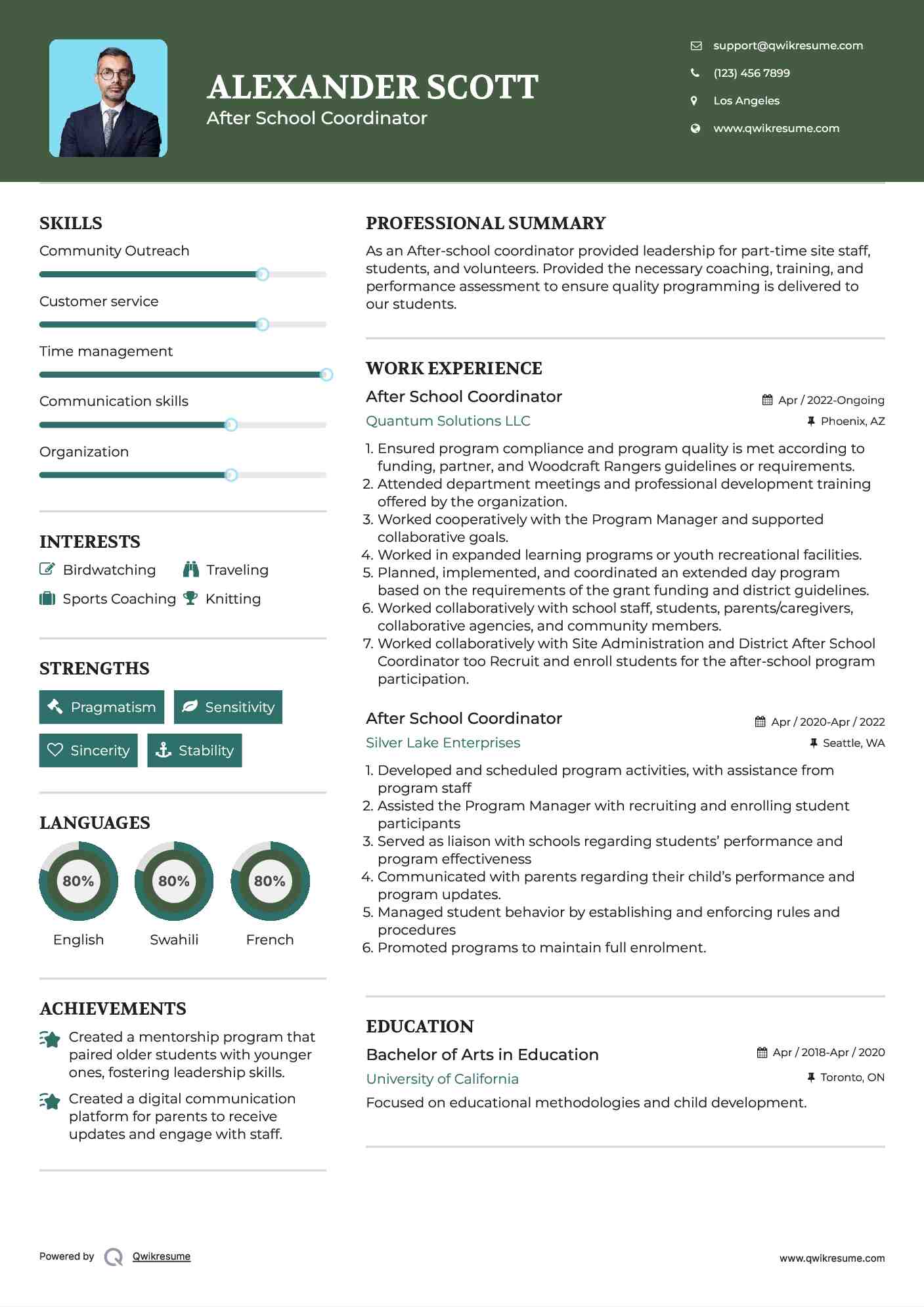 After School Coordinator  Resume Example