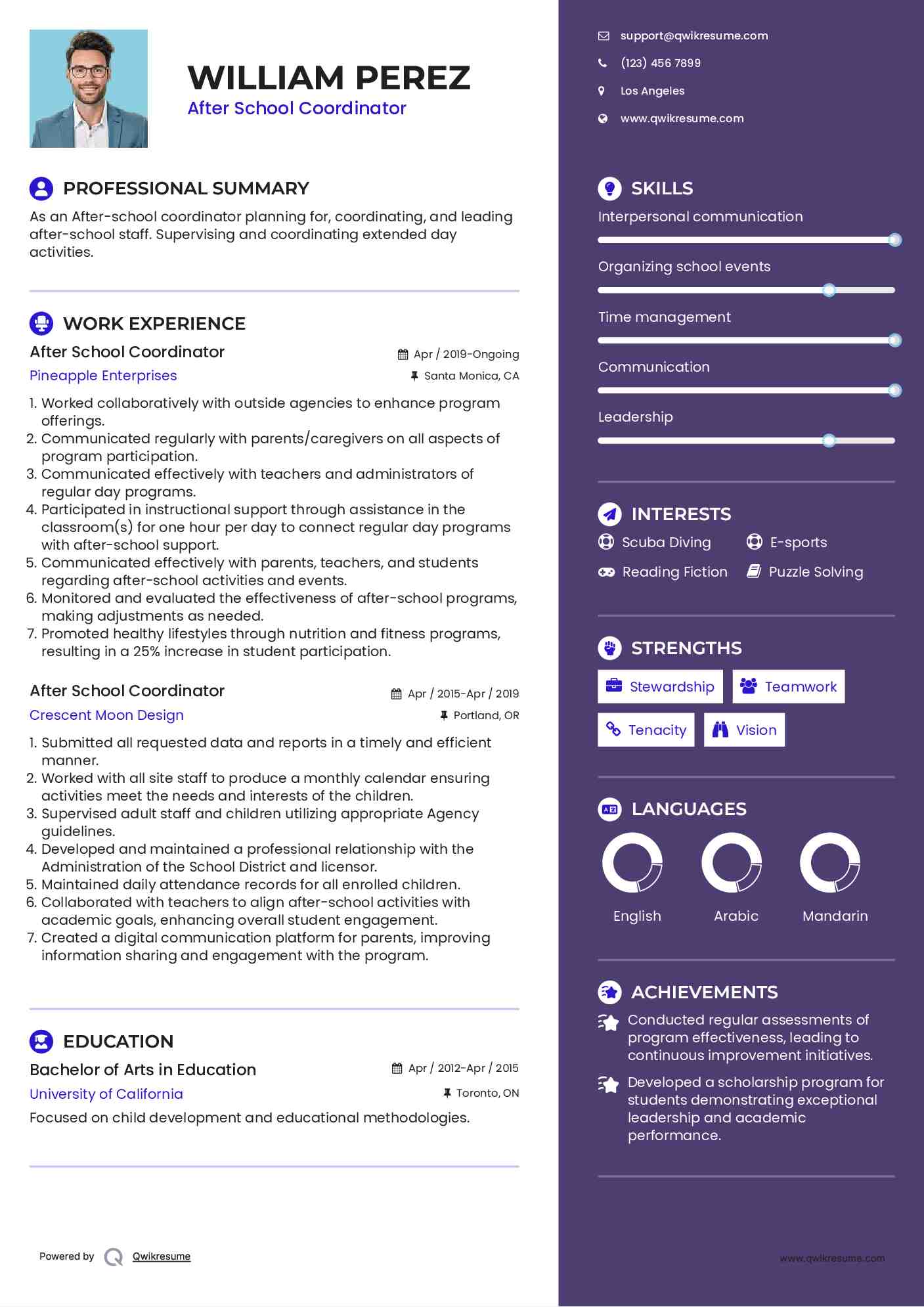 After School Coordinator  Resume Format