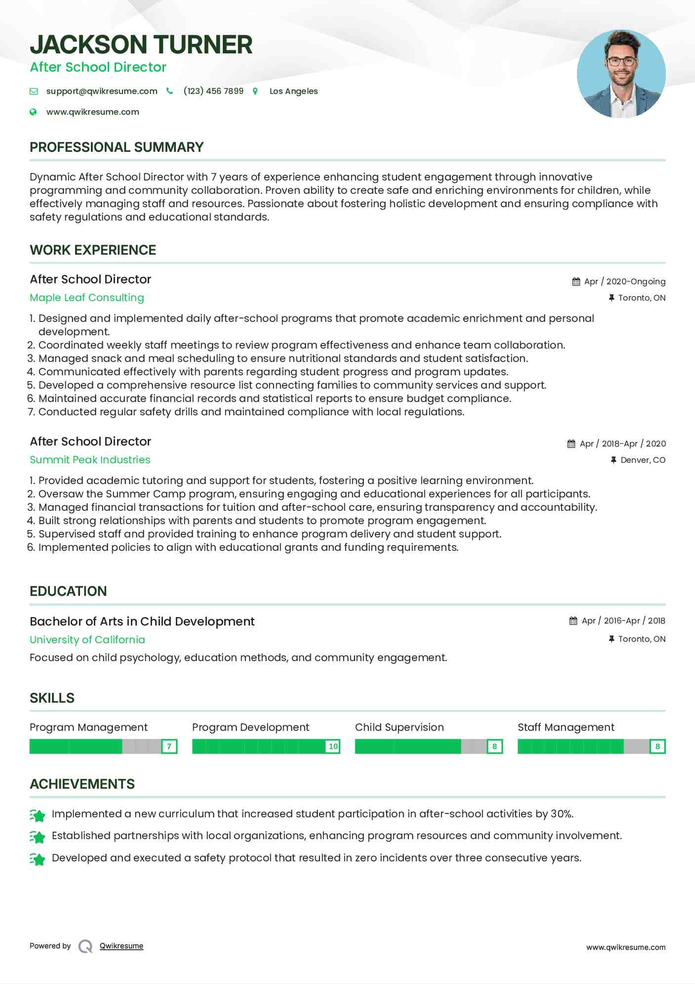 After School Director Resume Model