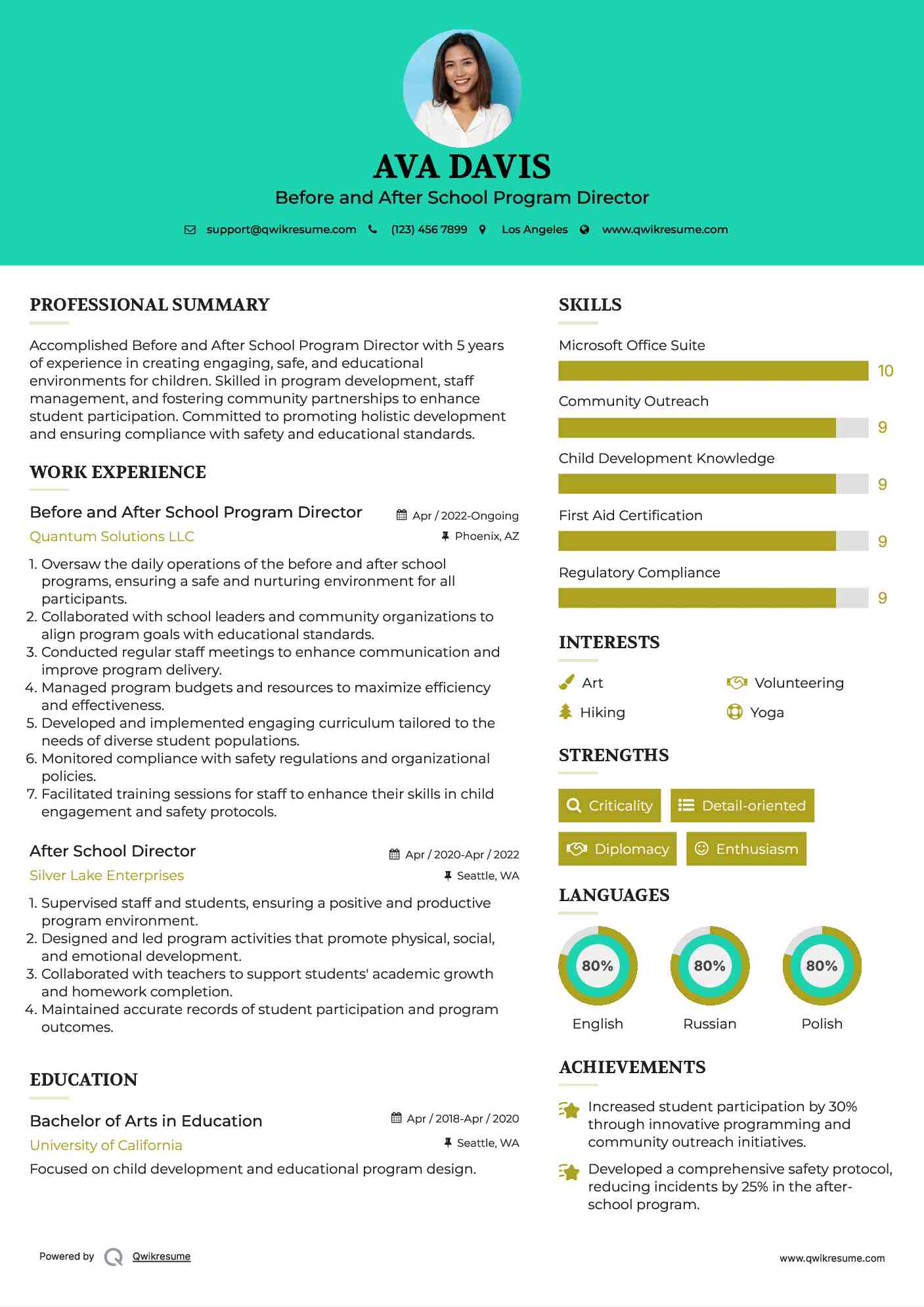 Before and After School Program Director Resume Example