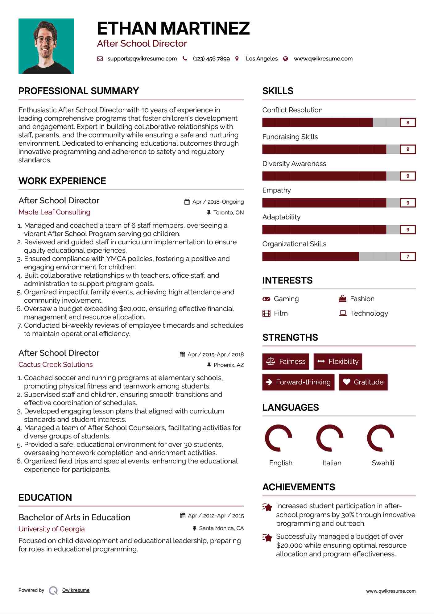 After School Director Resume Example