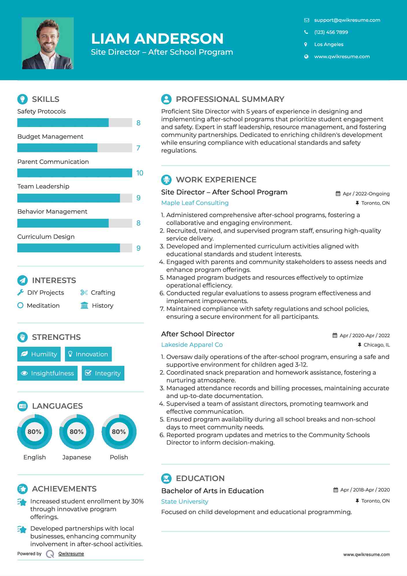 Site Director – After School Program
 Resume Model