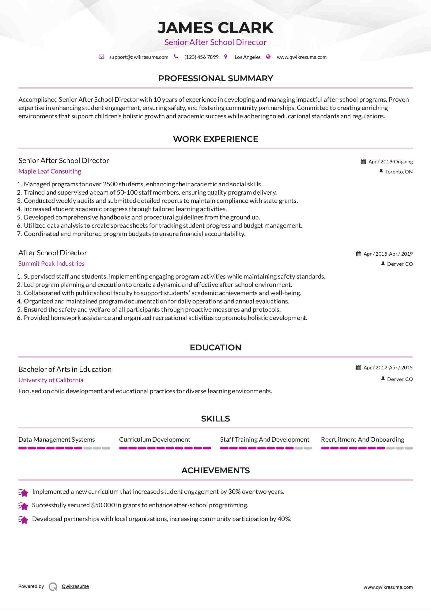Senior After School Director Resume Template