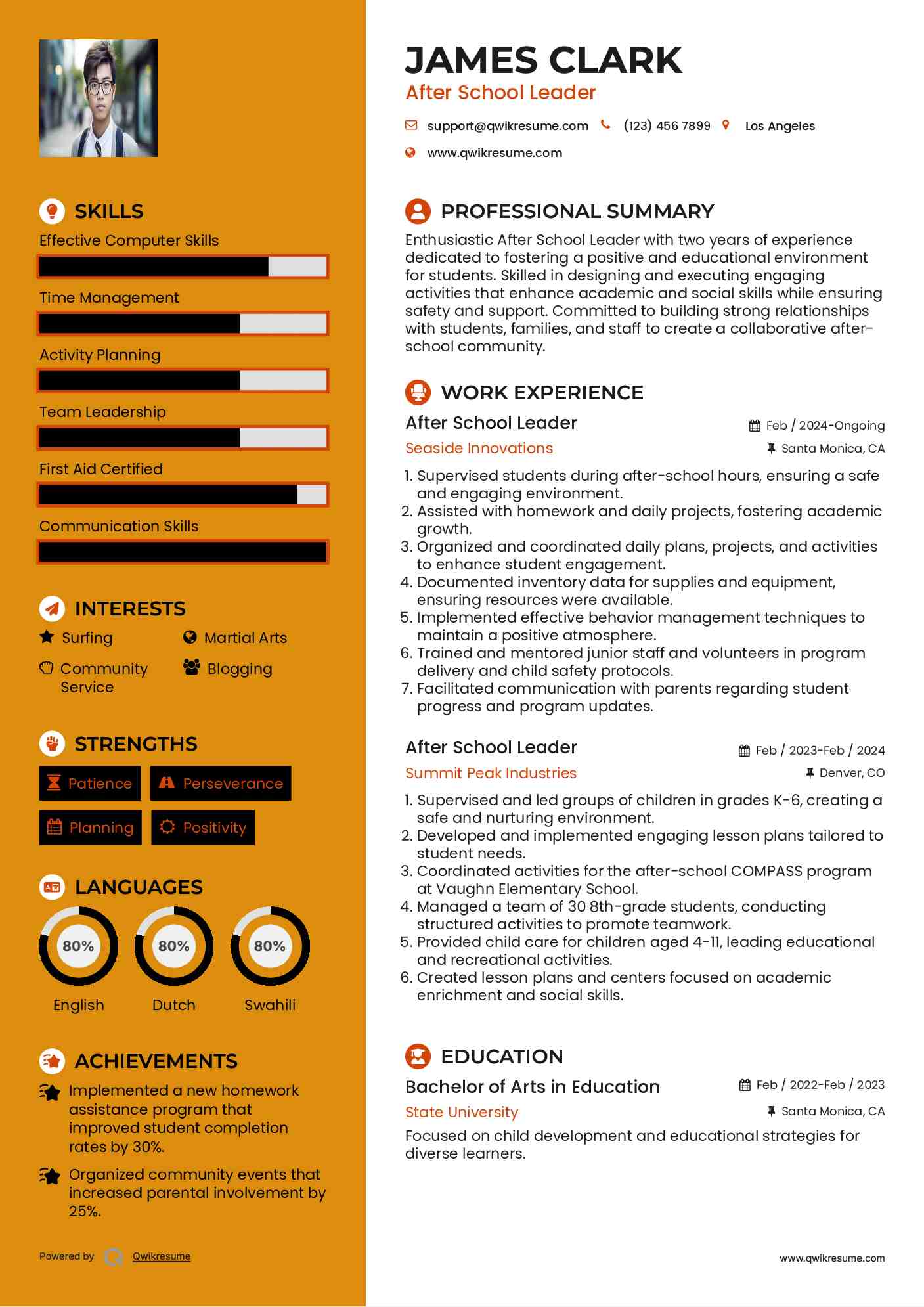 After School Leader Resume Sample