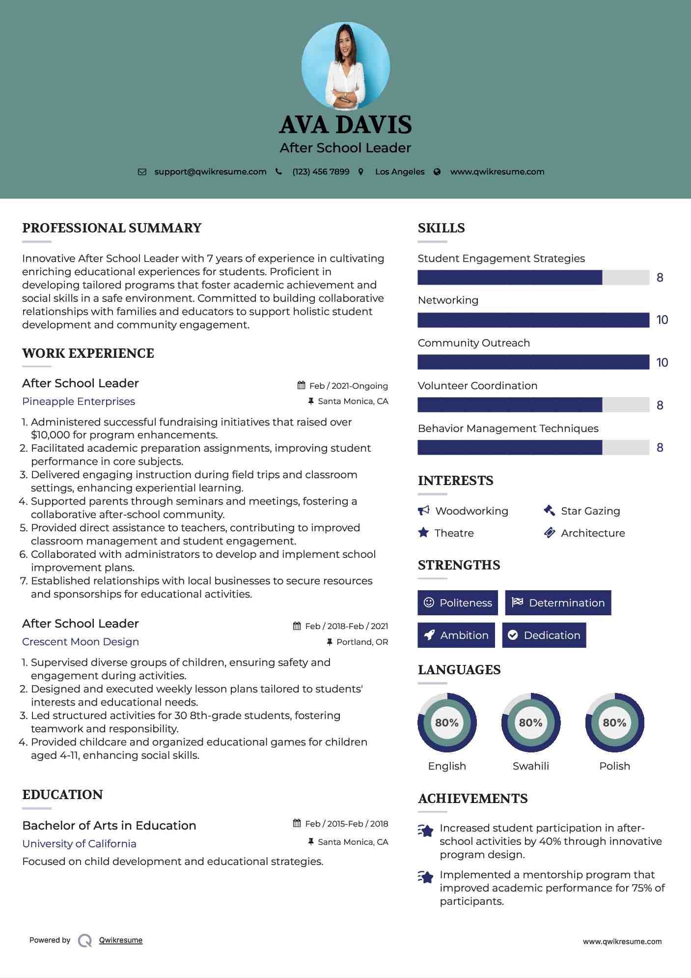 After School Leader Resume Sample