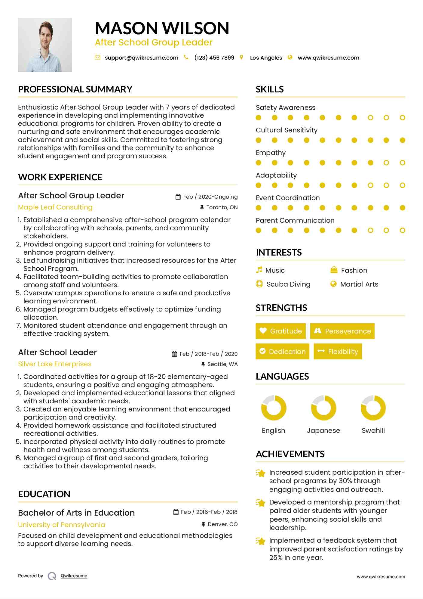 After School Group Leader Resume Sample