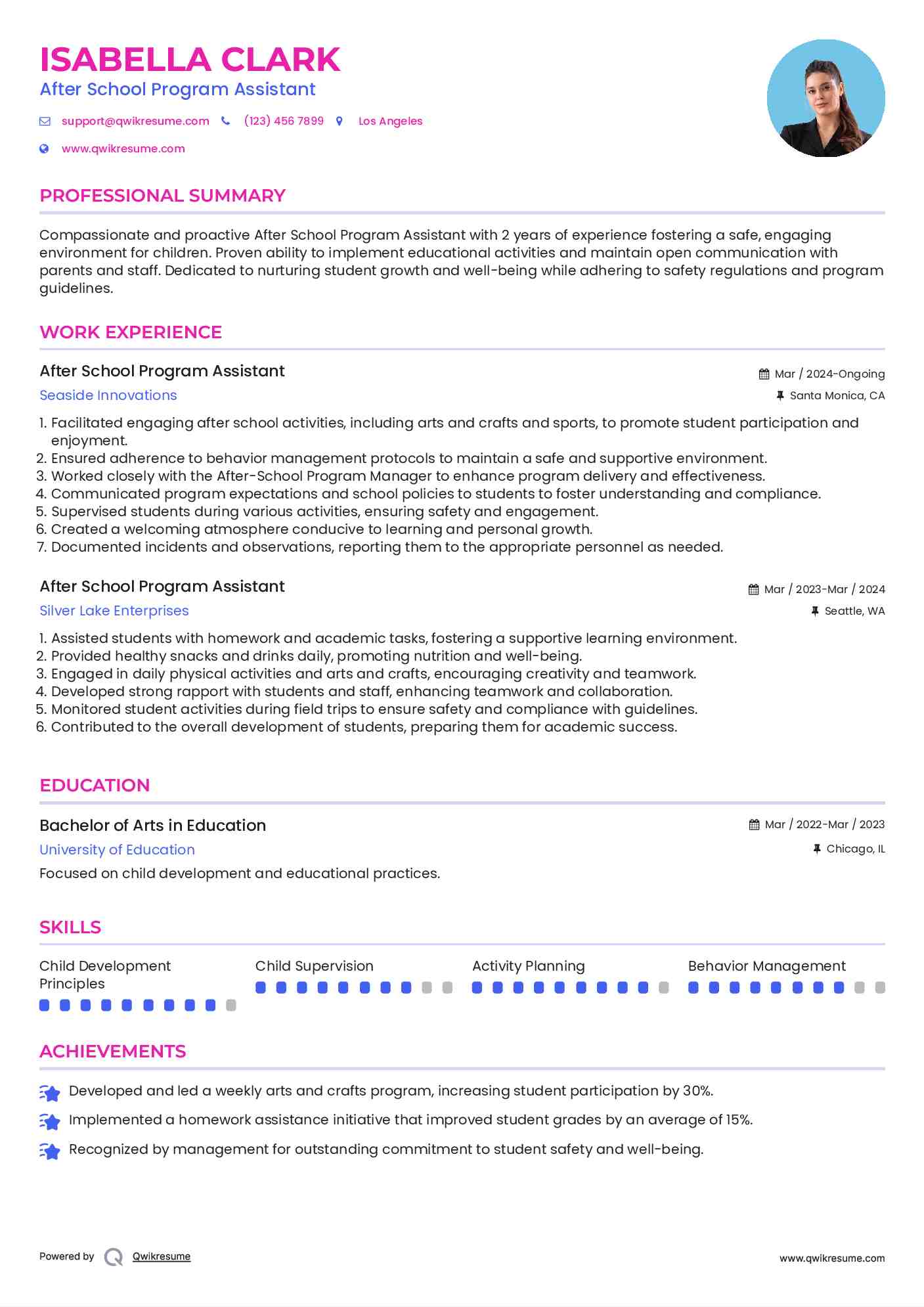 After School Program Assistant Resume Sample