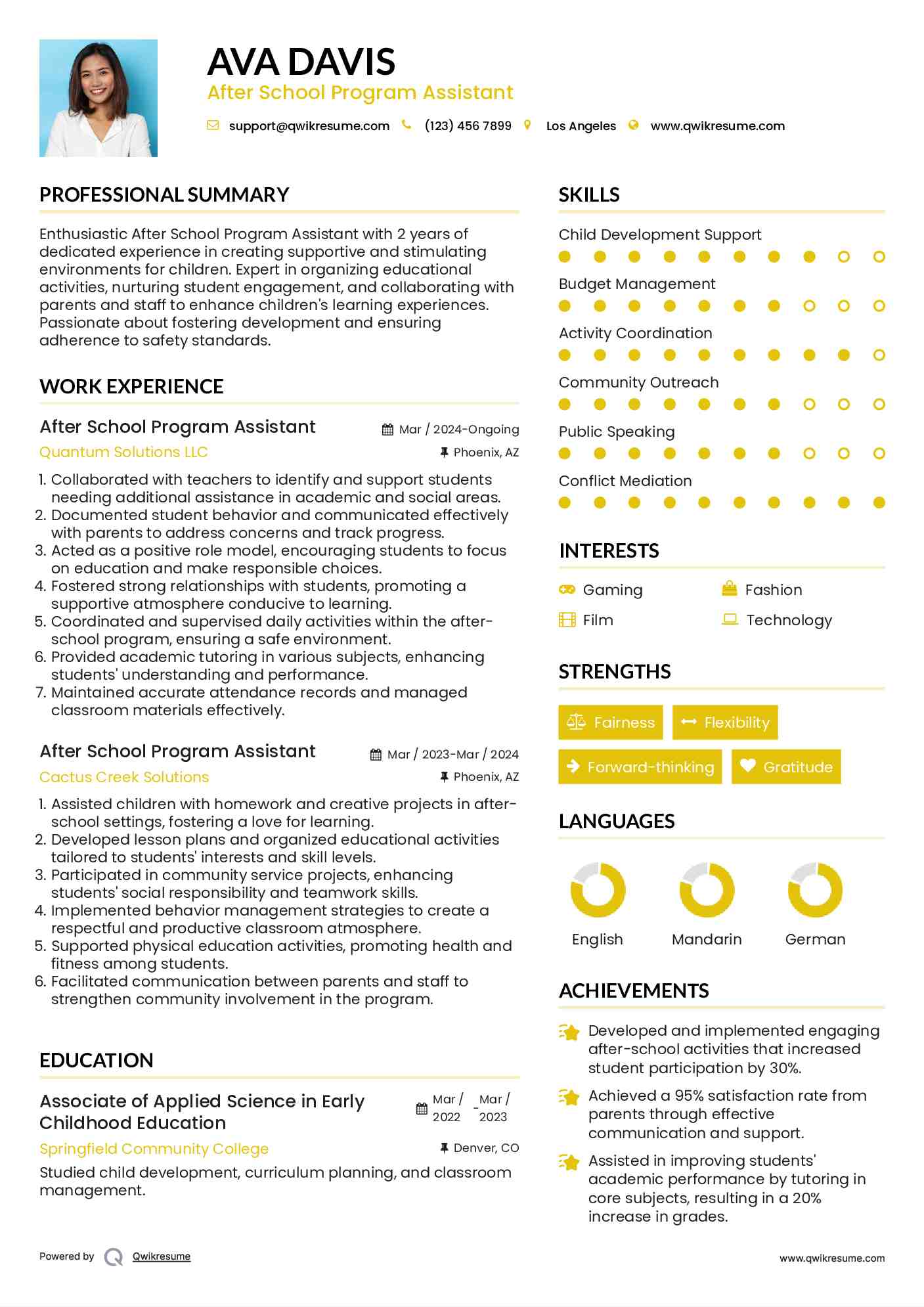 After School Program Assistant Resume Example