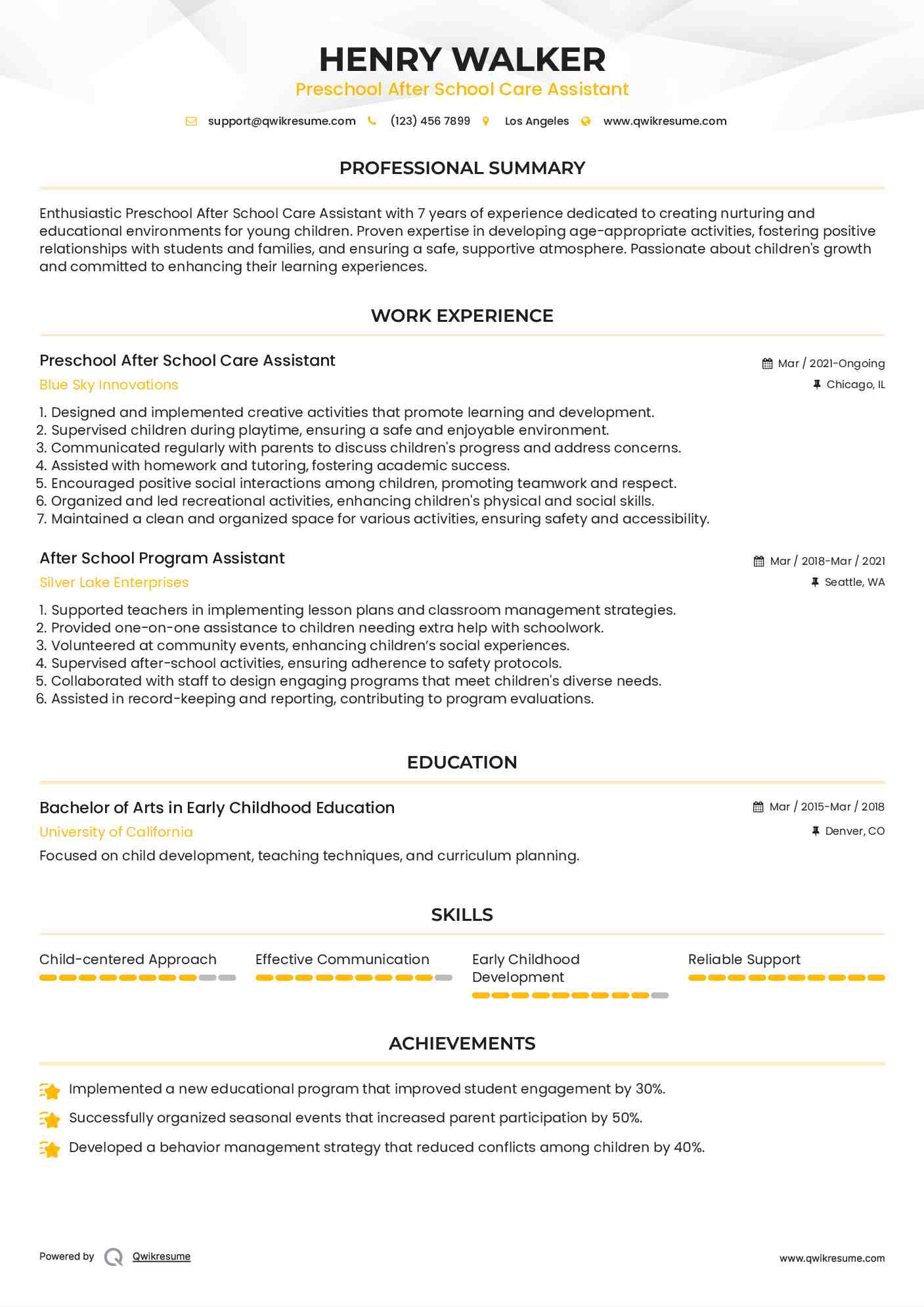 Preschool After School Care Assistant
 Resume Sample