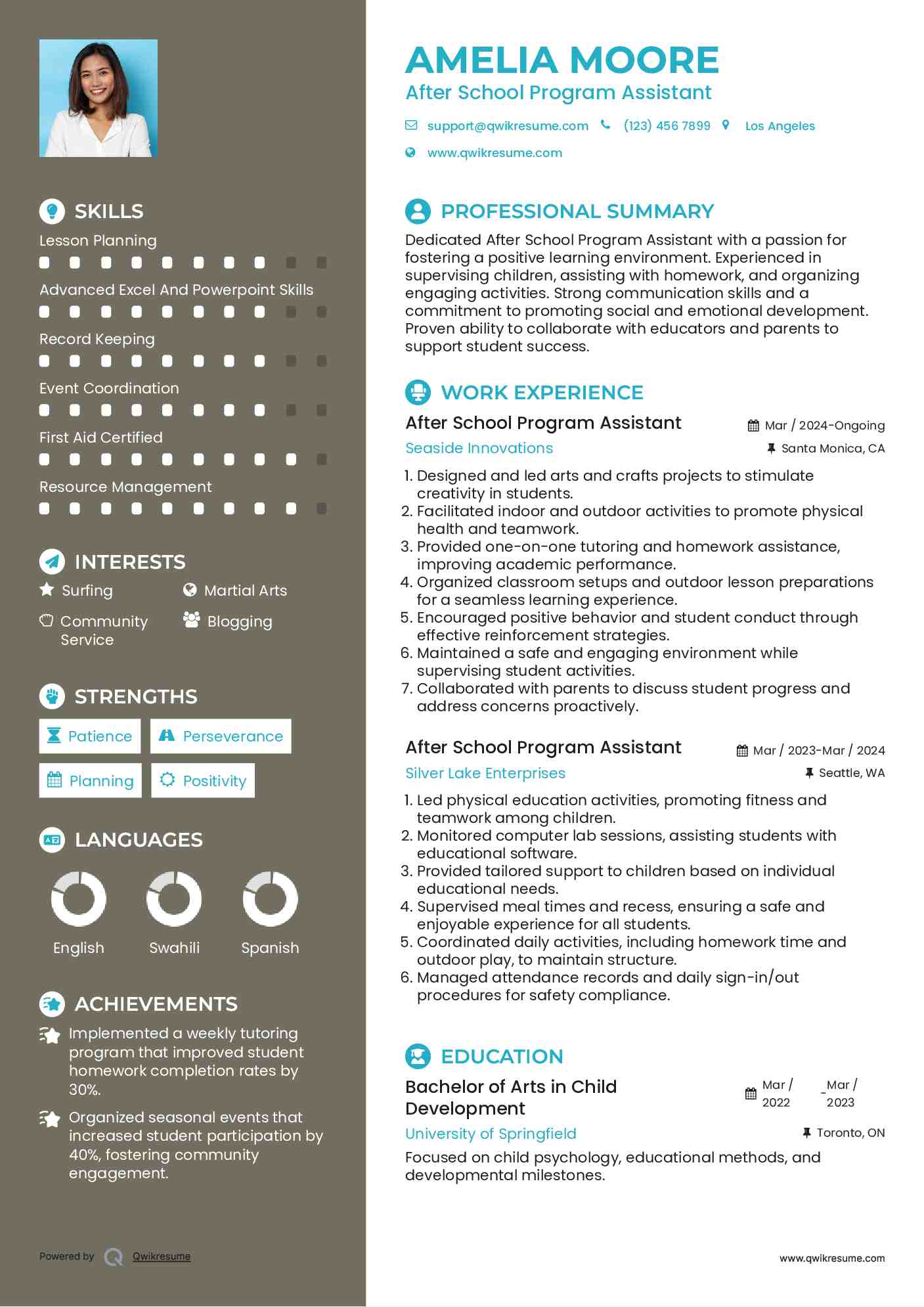After School Program Assistant Resume Model