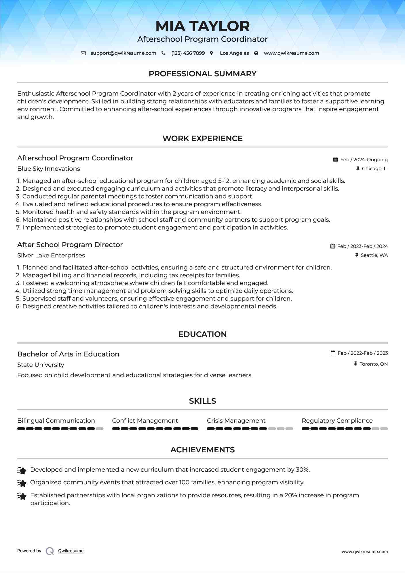Afterschool Program Coordinator Resume Example