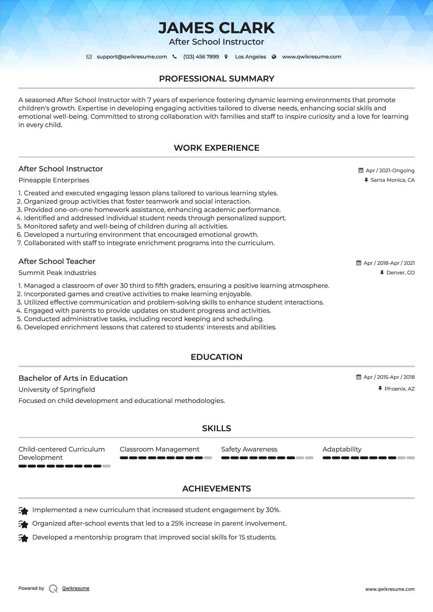After School Instructor Resume Example