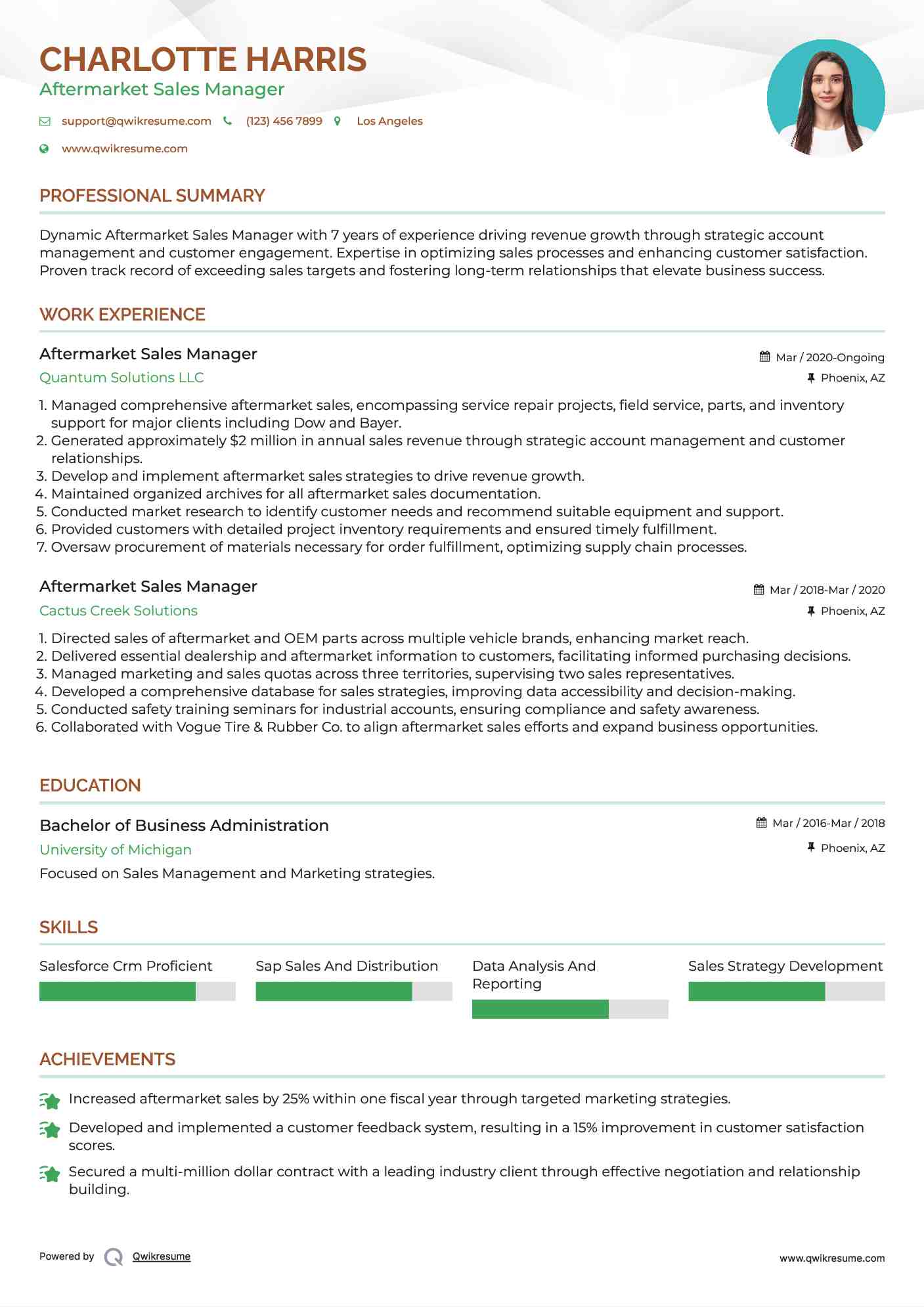 Aftermarket Sales Manager Resume Model