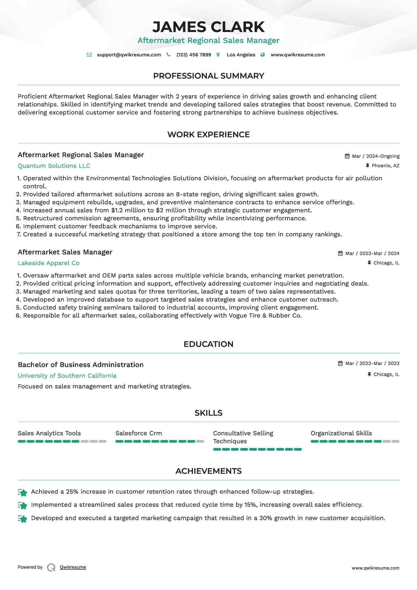 Aftermarket Regional Sales Manager Resume Format