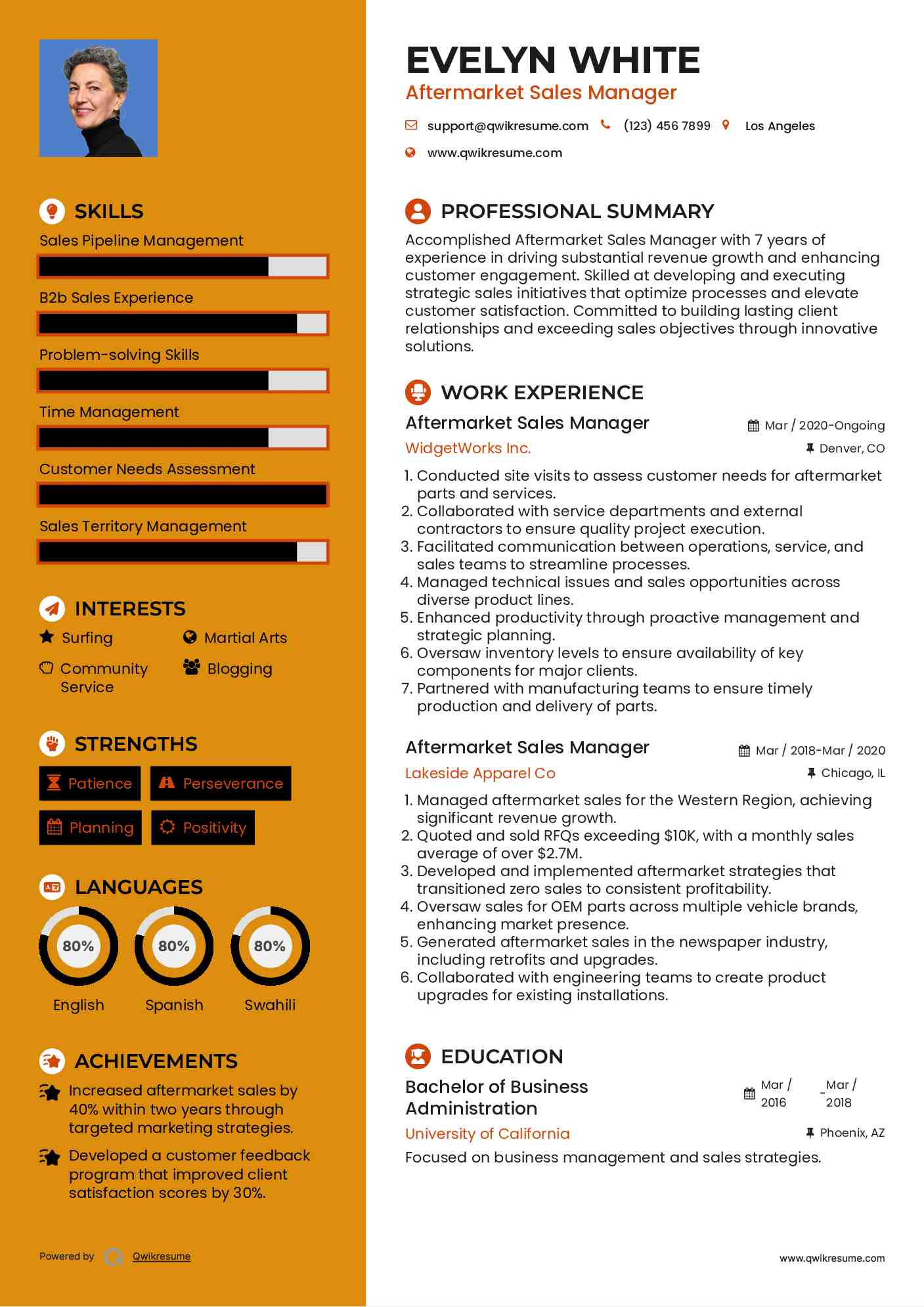 Aftermarket Sales Manager Resume Model