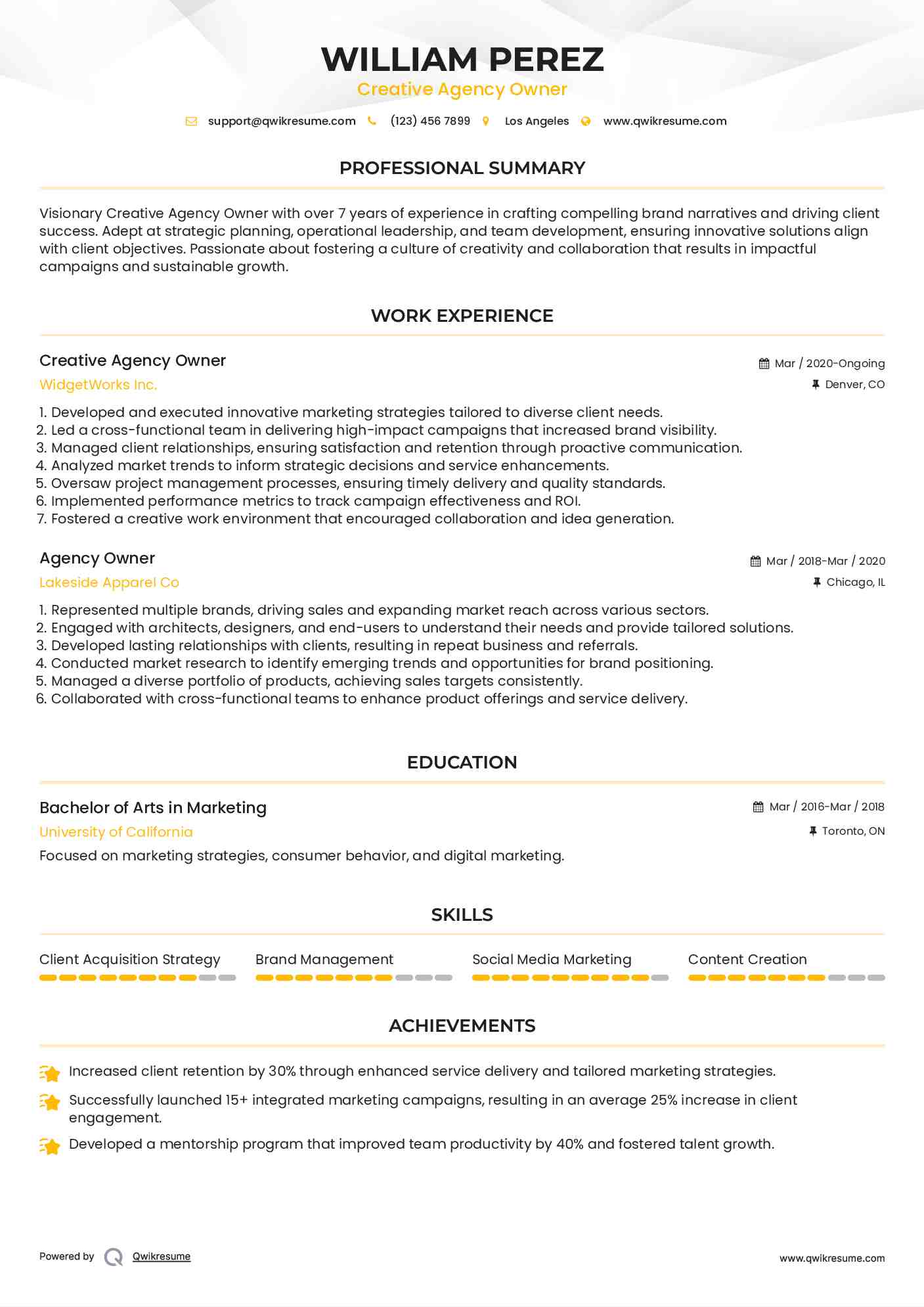 Creative Agency Owner Resume Model