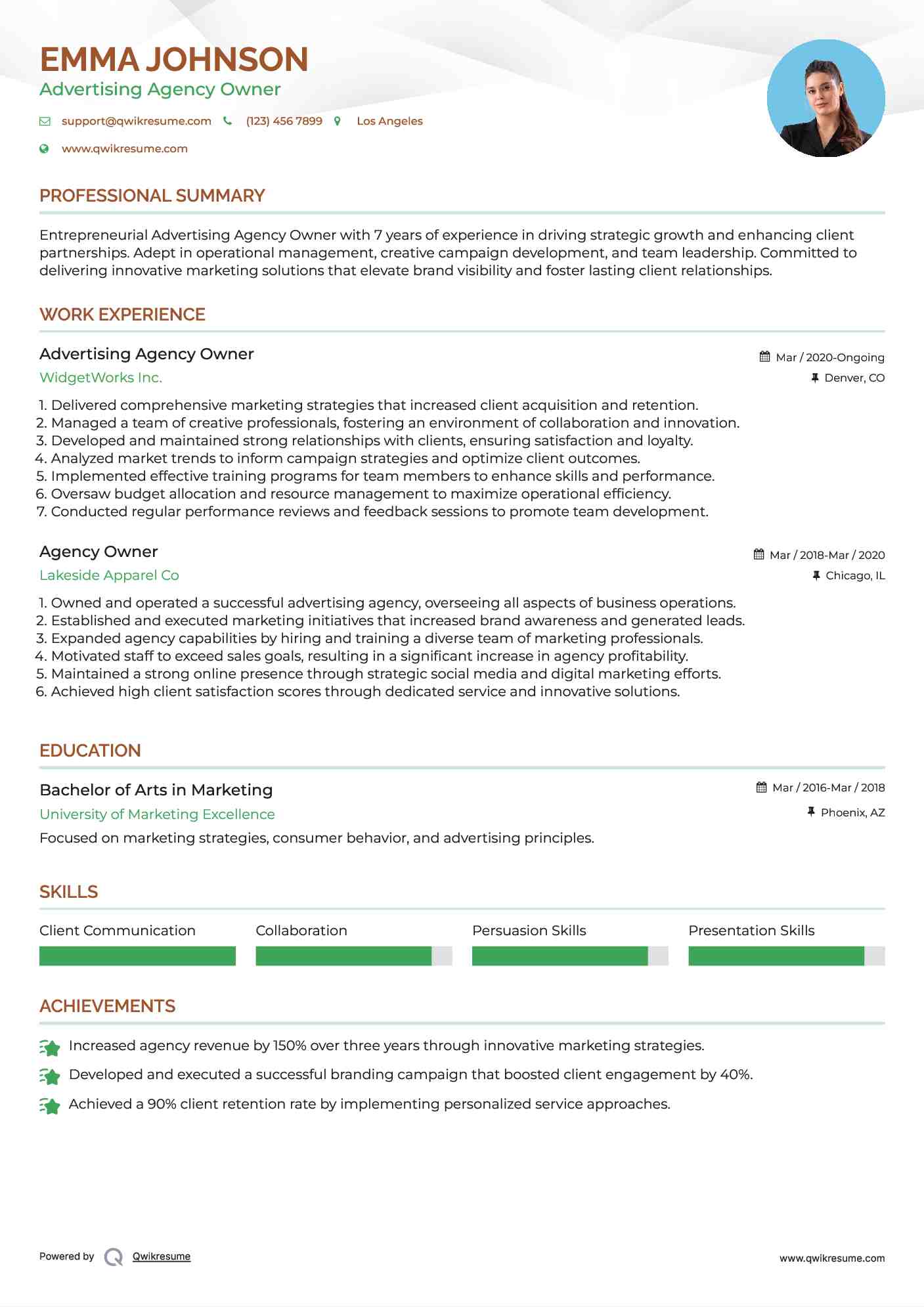 Advertising Agency Owner Resume Template